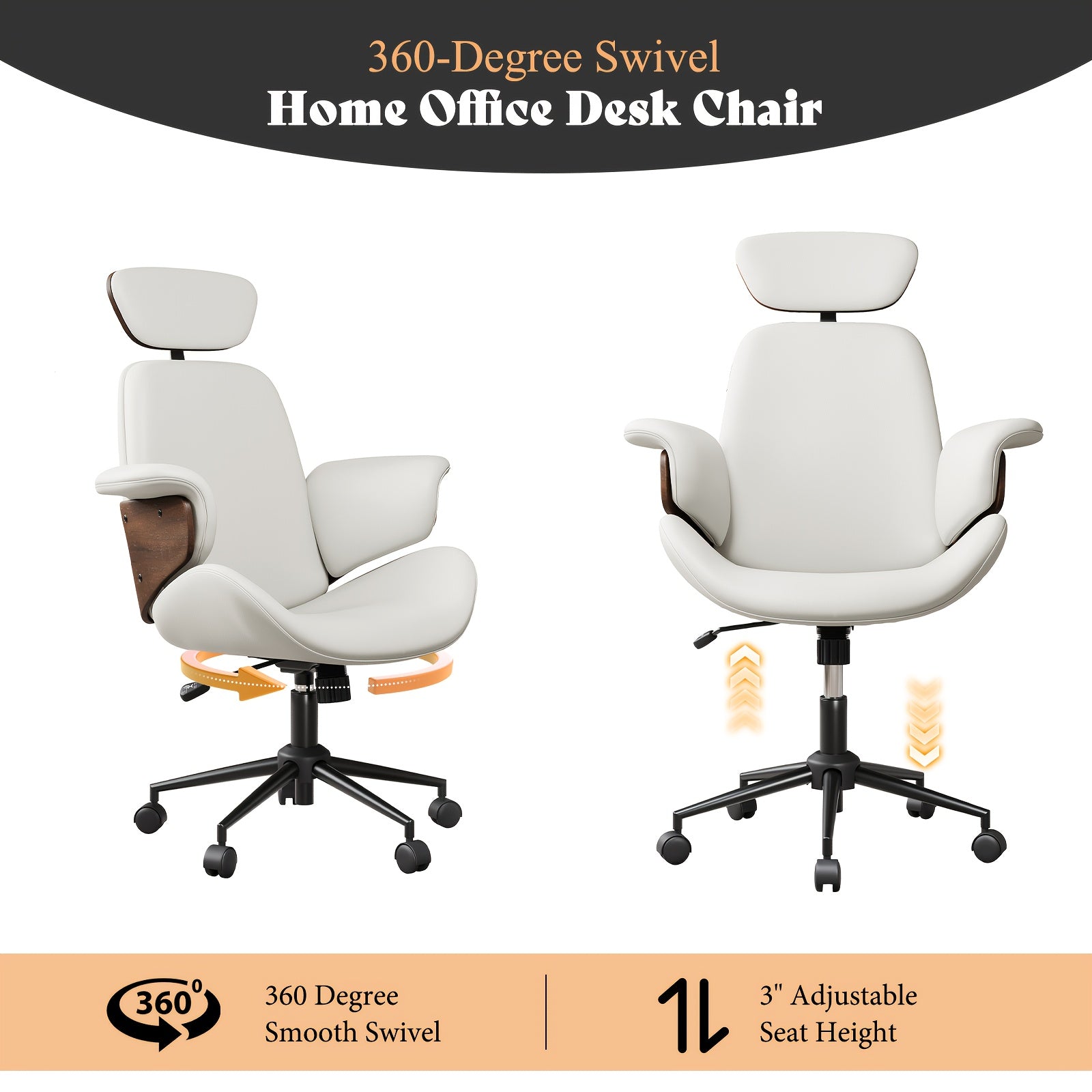 Ergonomic Home Office Chair With Wheels – PU Leather Swivel Desk Chair With Bentwood Arms, Lumbar Support & Headrest