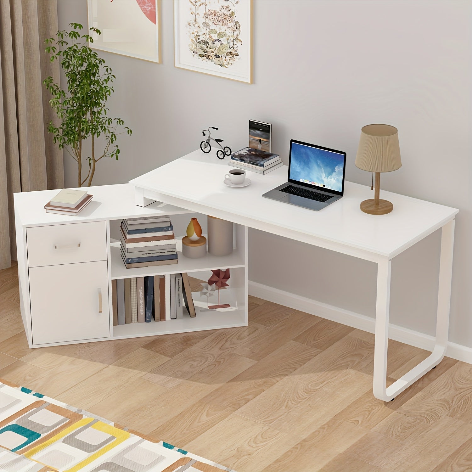 Modern L-shaped Computer Desk Modern L-shaped Computer Desk with Drawer | Open Shelves, Filing Cabinet & Spacious Desktop for Home Office, Study Room - White