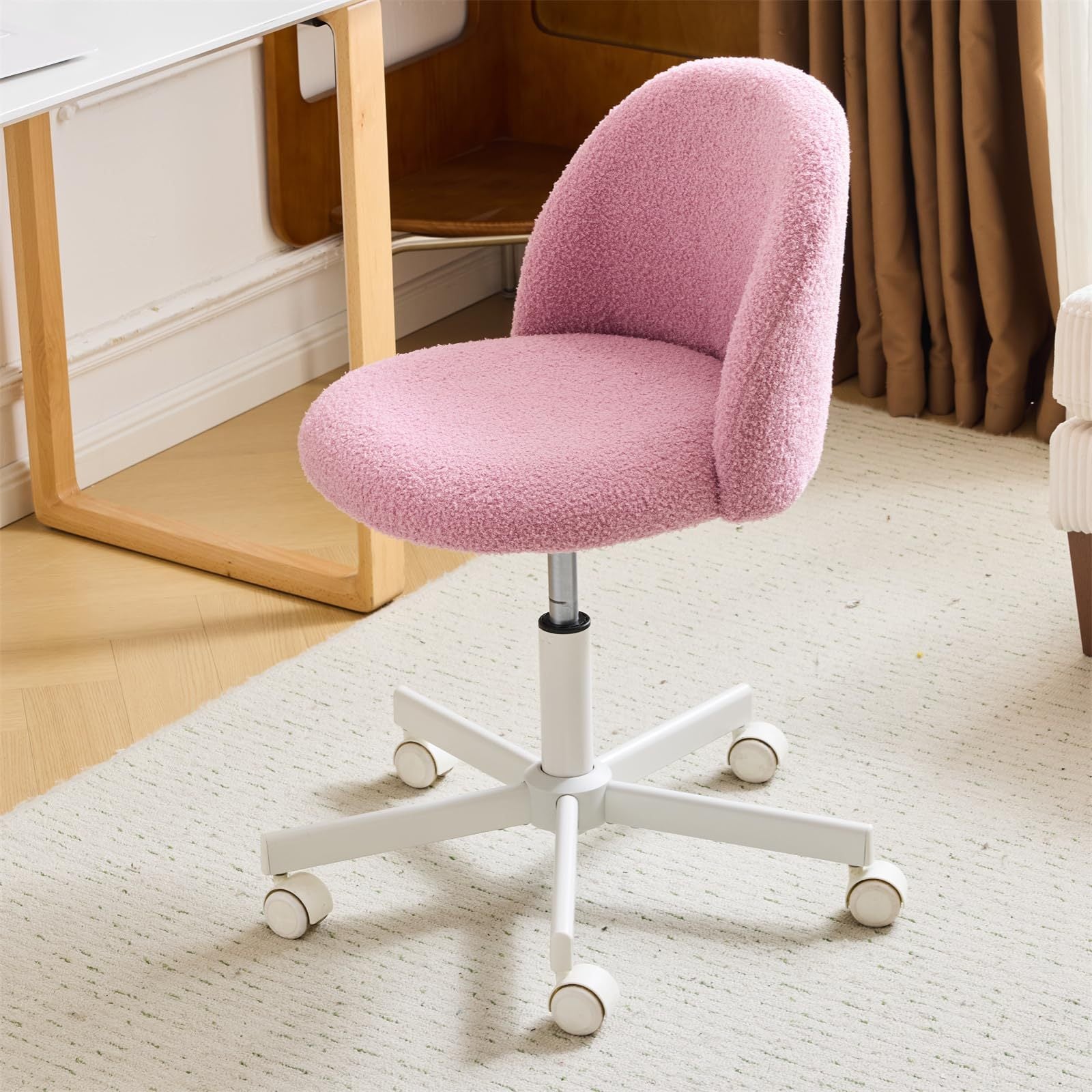VINGLI Modern Teddy Fluffy Small Office Chair,Cute Desk Chair with Wheels,Gold Base\u002FStuds, Comfy Armless Swivel Vanity Task Chair, Nail Tech Chair for Bedroom,Small Space