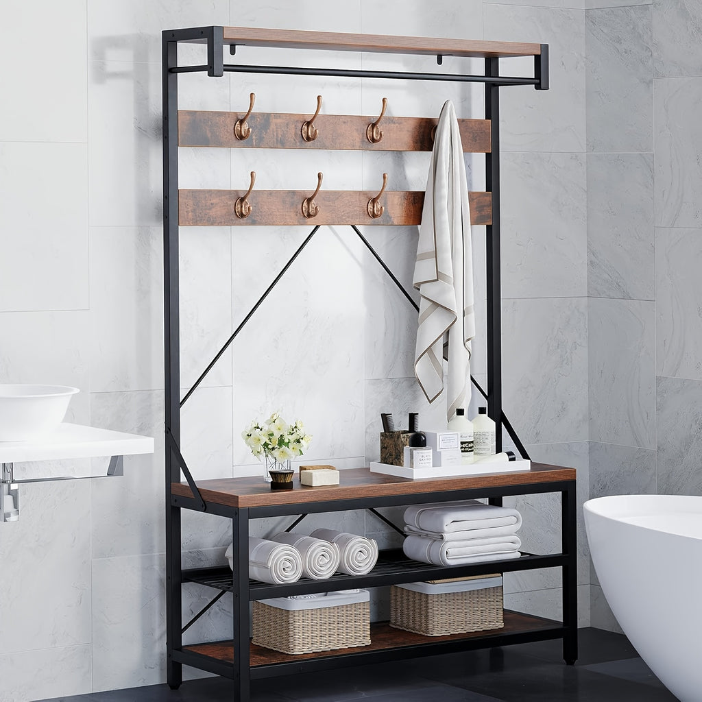 1pc Industrial 5-in-1 Entryway Organizer, Freestanding Metal Hall Tree with 3 Storage Shelves & 8 Removable Hooks, Multifunctional Hallway Furniture with Steel Frame, Large Capacity Coat Rack for Home Organization