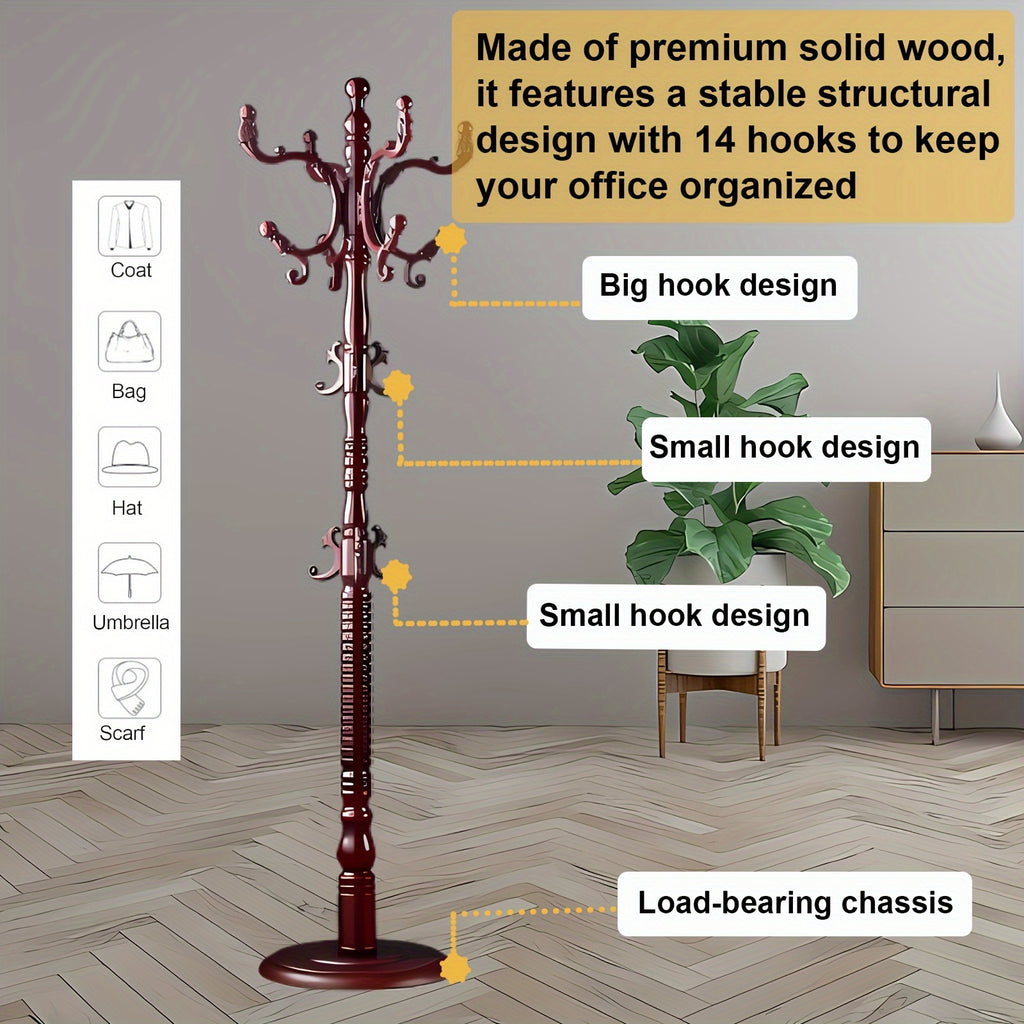 Coat Rack Freestanding, Wooden Coat Rack 14 Hooks, Solid Tree Coat Hanger Stable Disc Base, Adjustable Floor Hanger, for Bedroom Office Hallway Entryway