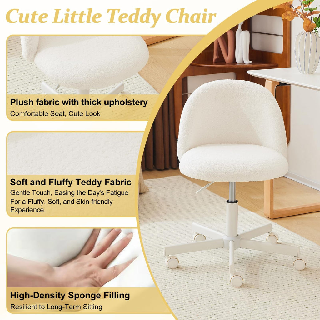 VINGLI Modern Teddy Fluffy Small Office Chair,Cute Desk Chair with Wheels,Gold Base\u002FStuds, Comfy Armless Swivel Vanity Task Chair, Nail Tech Chair for Bedroom,Small Space