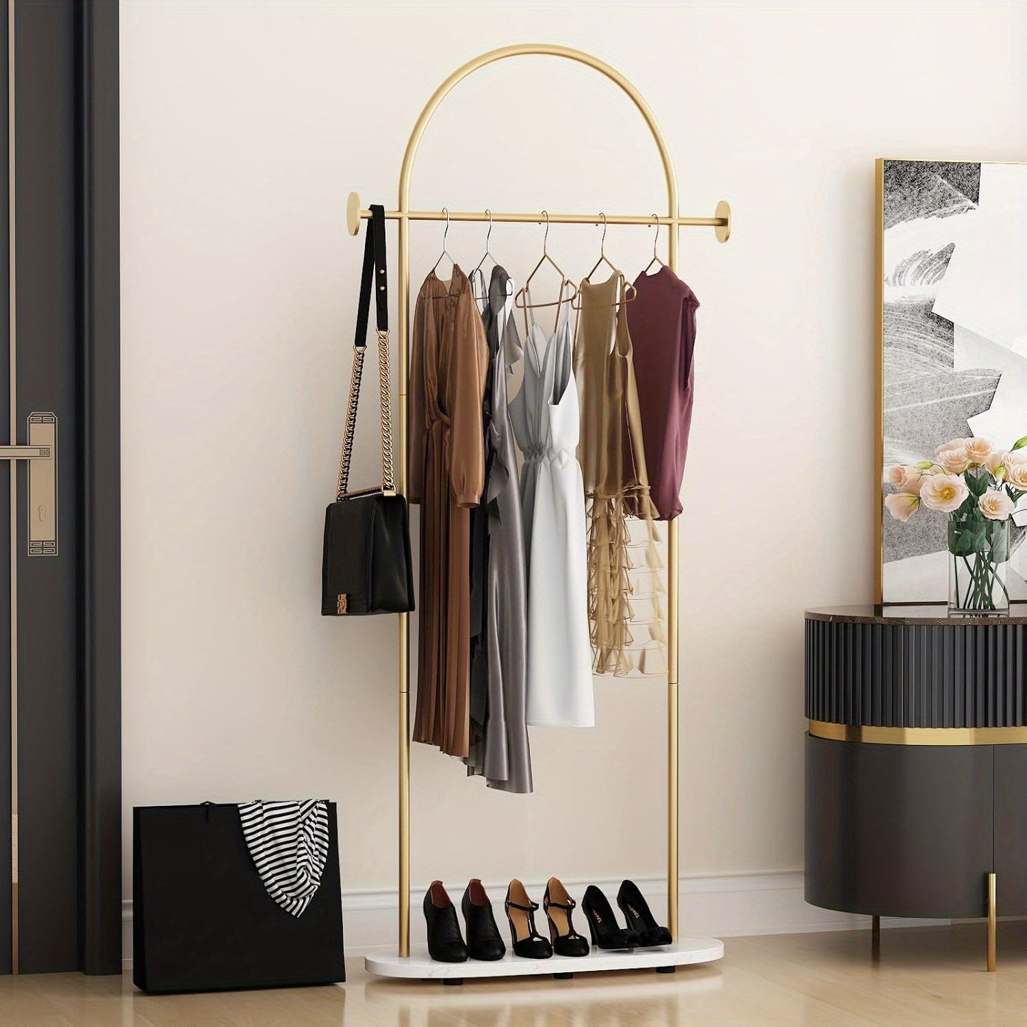 Heavy Duty Golden Clothing Rack with Adjustable Shelf & Hooks - Freestanding Metal Coat Hanger Stand for Home, Office, Boutique - Space-Saving Modern Design with Storage, 31.5\