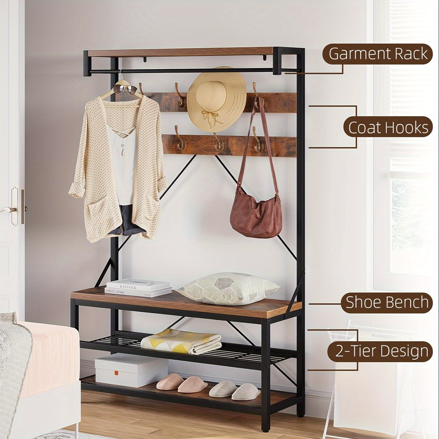 1pc Industrial 5-in-1 Entryway Organizer, Freestanding Metal Hall Tree with 3 Storage Shelves & 8 Removable Hooks, Multifunctional Hallway Furniture with Steel Frame, Large Capacity Coat Rack for Home Organization