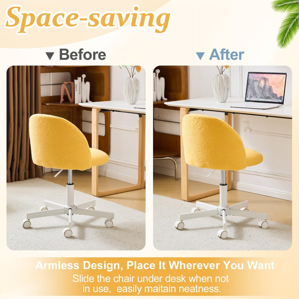 VINGLI Modern Teddy Fluffy Small Office Chair,Cute Desk Chair with Wheels,Gold Base\u002FStuds, Comfy Armless Swivel Vanity Task Chair, Nail Tech Chair for Bedroom,Small Space