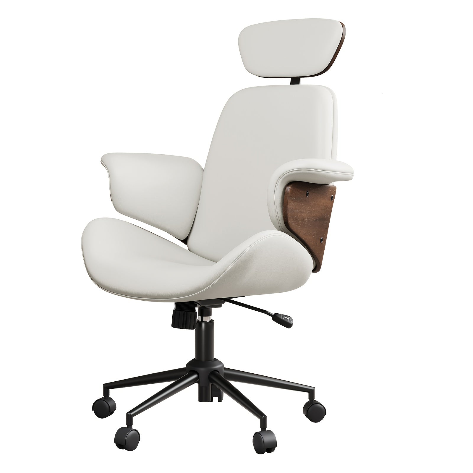 Ergonomic Home Office Chair With Wheels – PU Leather Swivel Desk Chair With Bentwood Arms, Lumbar Support & Headrest