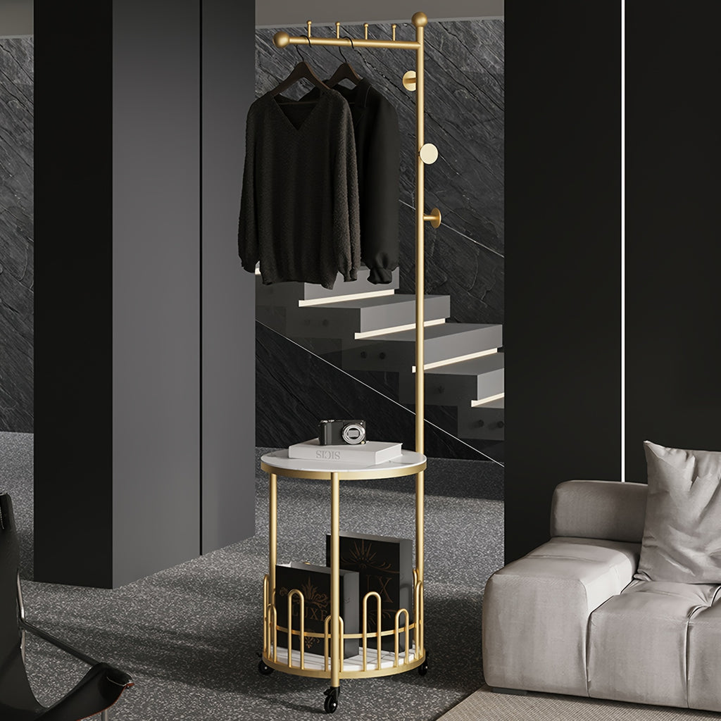 Sturdy Freestanding Iron Garment Rack with Storage Shelf and Hooks, Golden Single Rod Clothing Rack with Wheels and Table - 15.7in x 15.7in x 66.9in