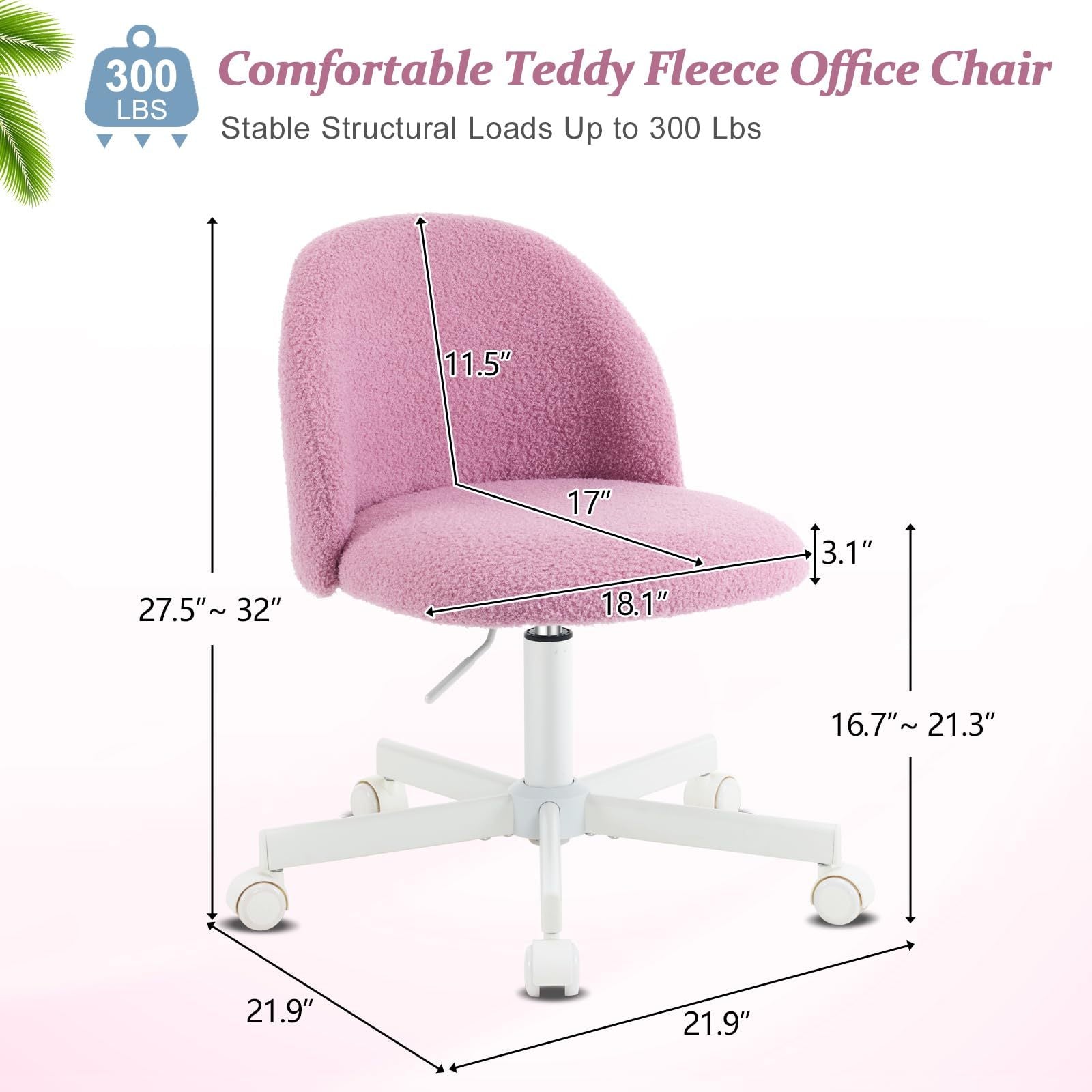 VINGLI Modern Teddy Fluffy Small Office Chair,Cute Desk Chair with Wheels,Gold Base\u002FStuds, Comfy Armless Swivel Vanity Task Chair, Nail Tech Chair for Bedroom,Small Space