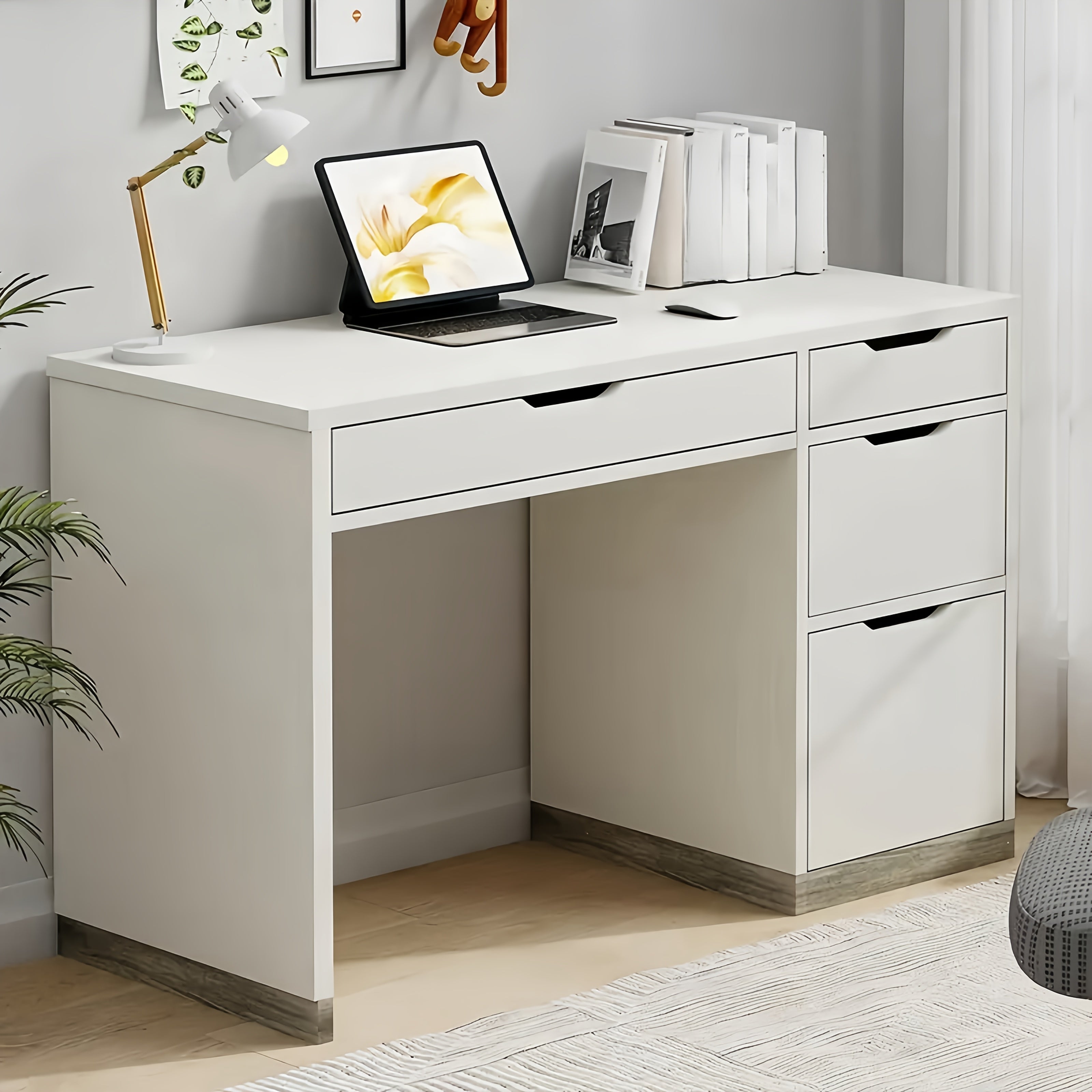 Desk With 4 Drawers, Small Desk With Storage, Desks With Drawers, Study Desk For Bedroom, White Computer Desk With Filing Cabinet, Small Space, White