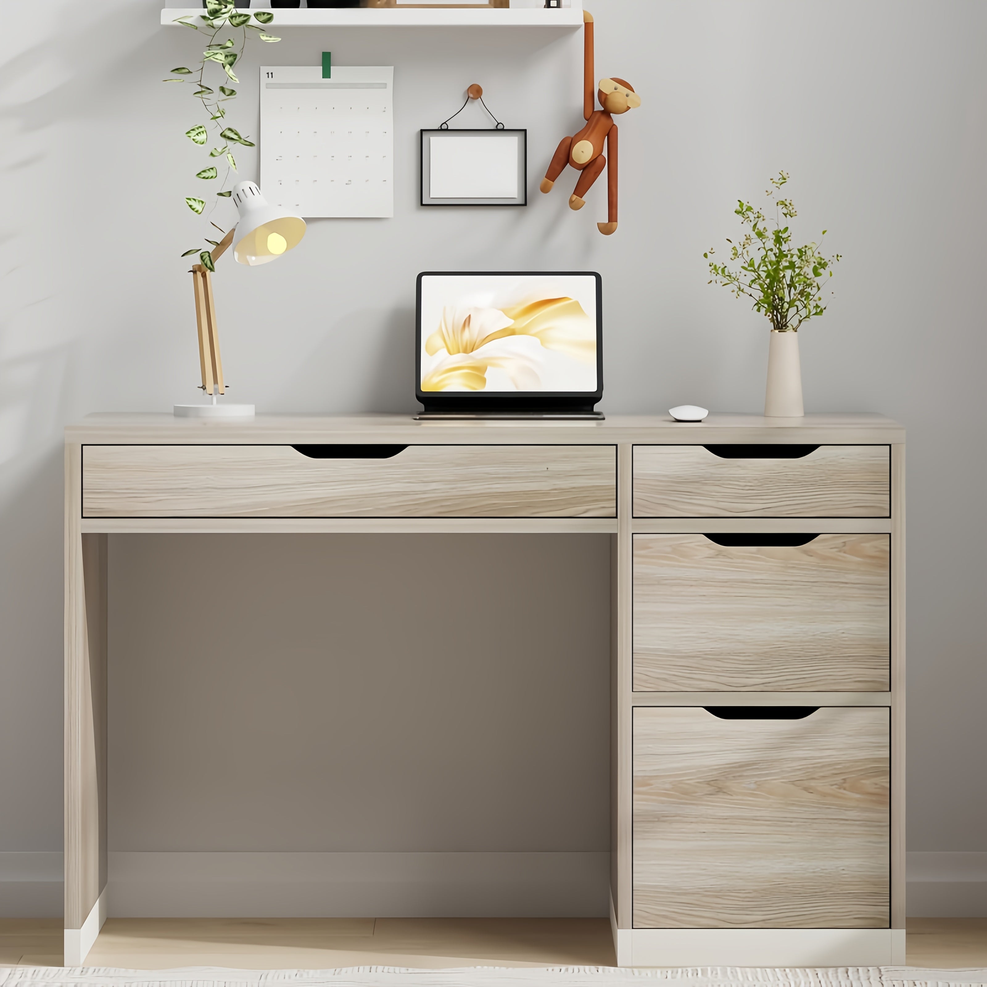White And Walnut\u002FBrown\u002FWhite Computer Desk With Storage Drawers, Study Desk With 4 Drawers And File Cabinet, For Bedroom, Small Space, White And Walnut\u002FBrown\u002FWhite