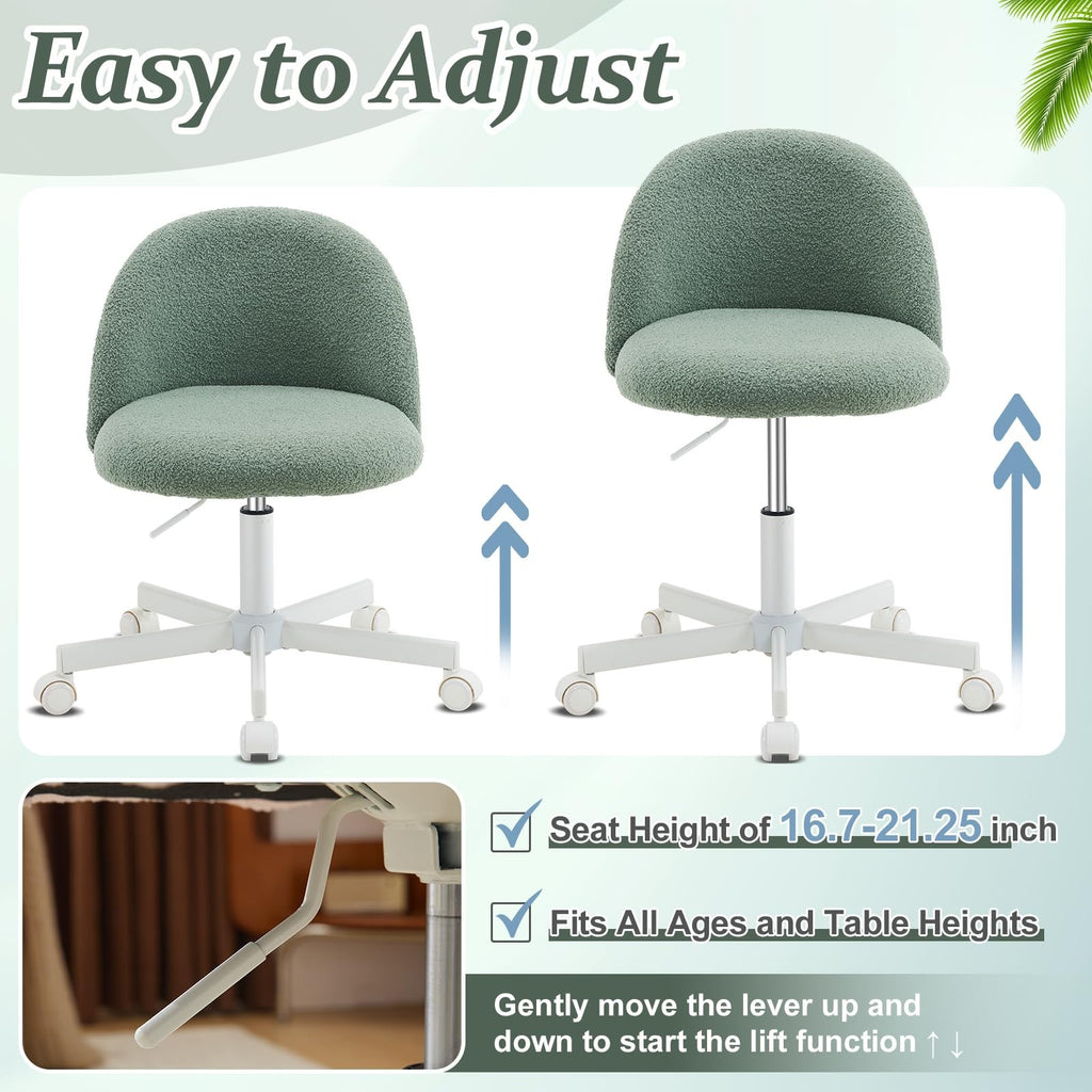 VINGLI Modern Teddy Fluffy Small Office Chair,Cute Desk Chair with Wheels,Gold Base\u002FStuds, Comfy Armless Swivel Vanity Task Chair, Nail Tech Chair for Bedroom,Small Space