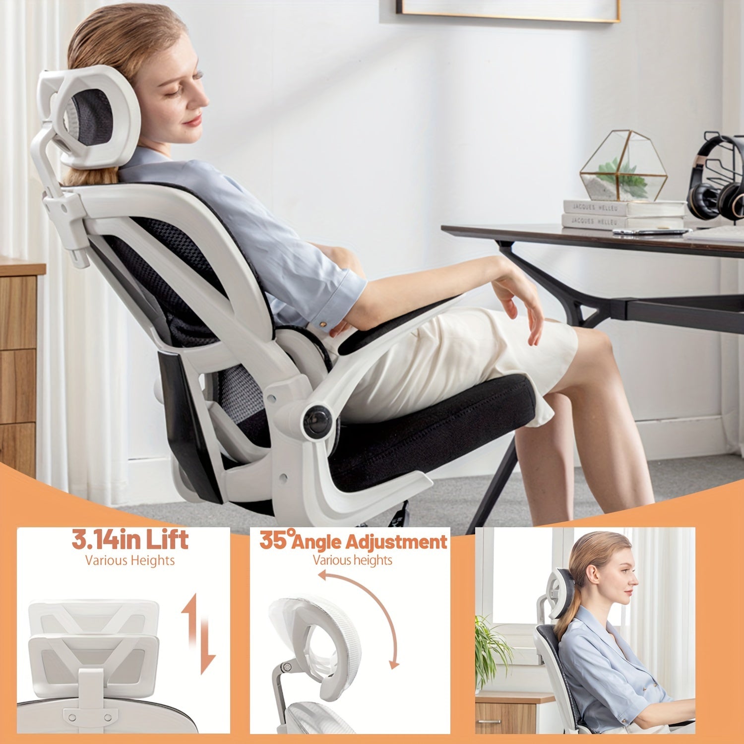 XUEGW Ergonomic Office Chair Comfort Home Desk Chair Adjustable High Back Mesh Chair Lumbar Support Computer Chair With Flip-up Arms For Work, Study, Gaming