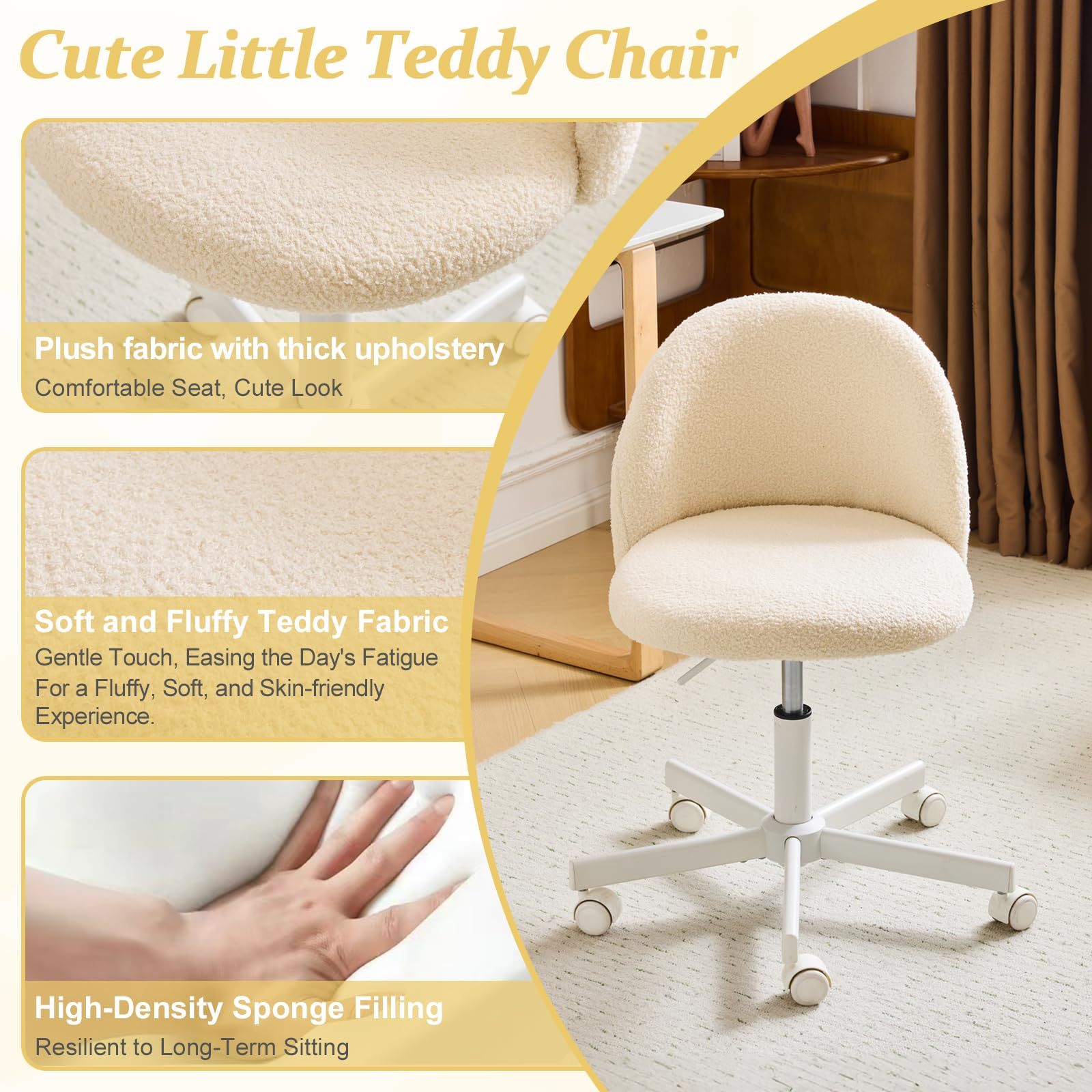 VINGLI Modern Teddy Fluffy Small Office Chair,Cute Desk Chair with Wheels,Gold Base\u002FStuds, Comfy Armless Swivel Vanity Task Chair, Nail Tech Chair for Bedroom,Small Space