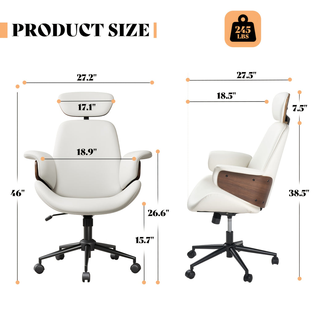 Ergonomic Home Office Chair With Wheels – PU Leather Swivel Desk Chair With Bentwood Arms, Lumbar Support & Headrest