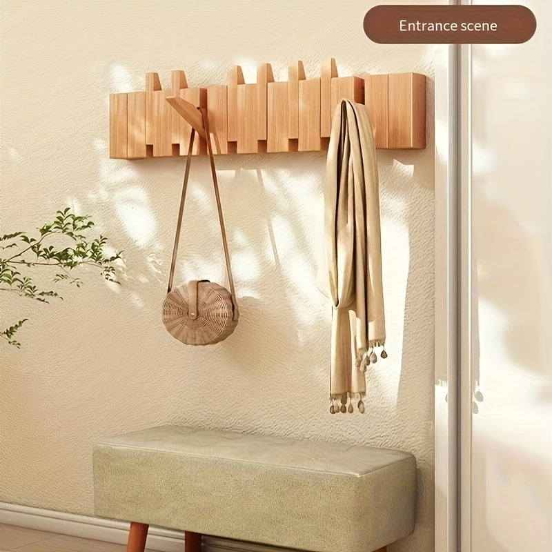 1pc Boho Style Wooden Piano Key Wall Rack, Easy Install Wall Mounted Coat Hook, Folding Hanging Storage Organizer for Bedroom, Entryway, Foyer, Mudroom - Aesthetic Room Decor