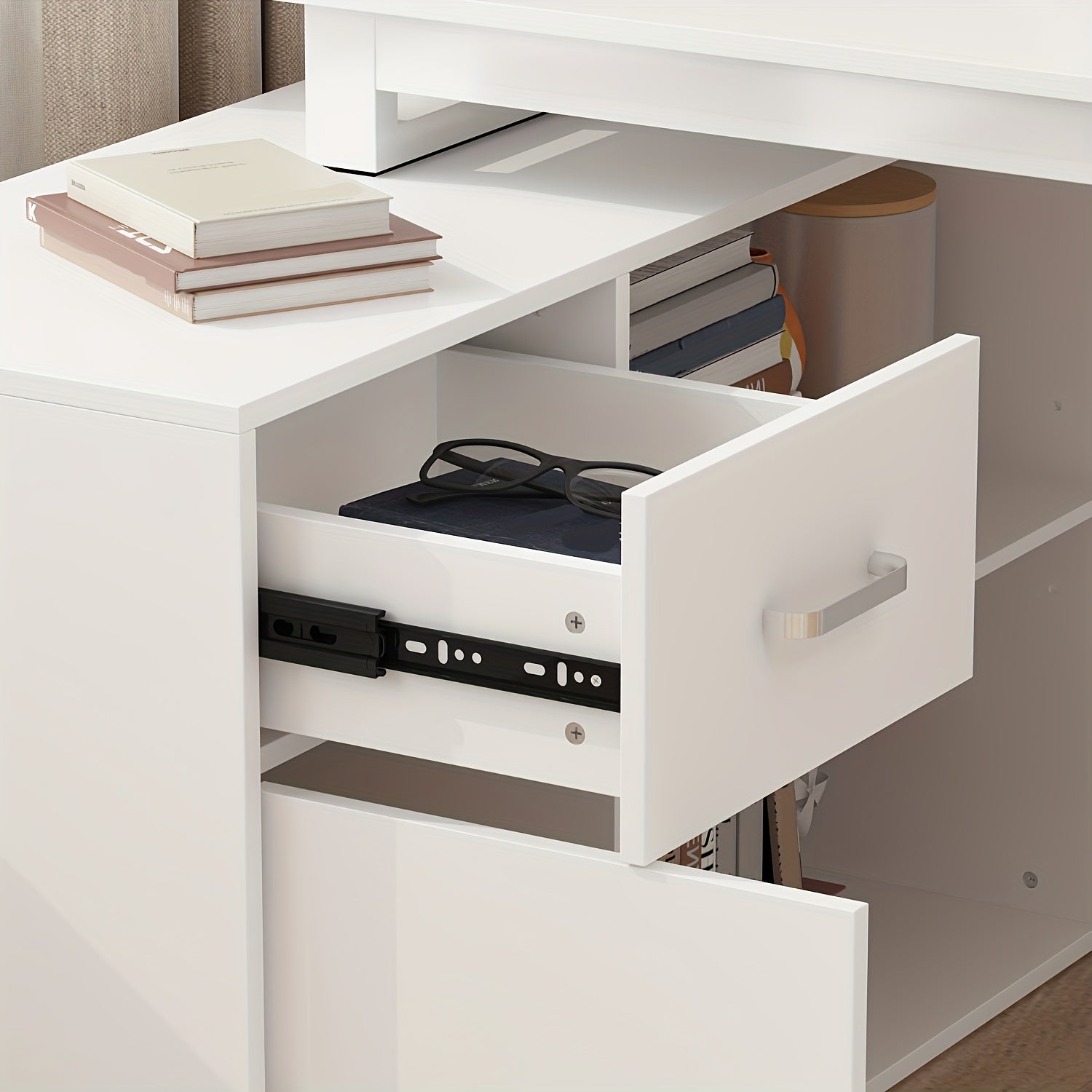 Modern L-shaped Computer Desk Modern L-shaped Computer Desk with Drawer | Open Shelves, Filing Cabinet & Spacious Desktop for Home Office, Study Room - White