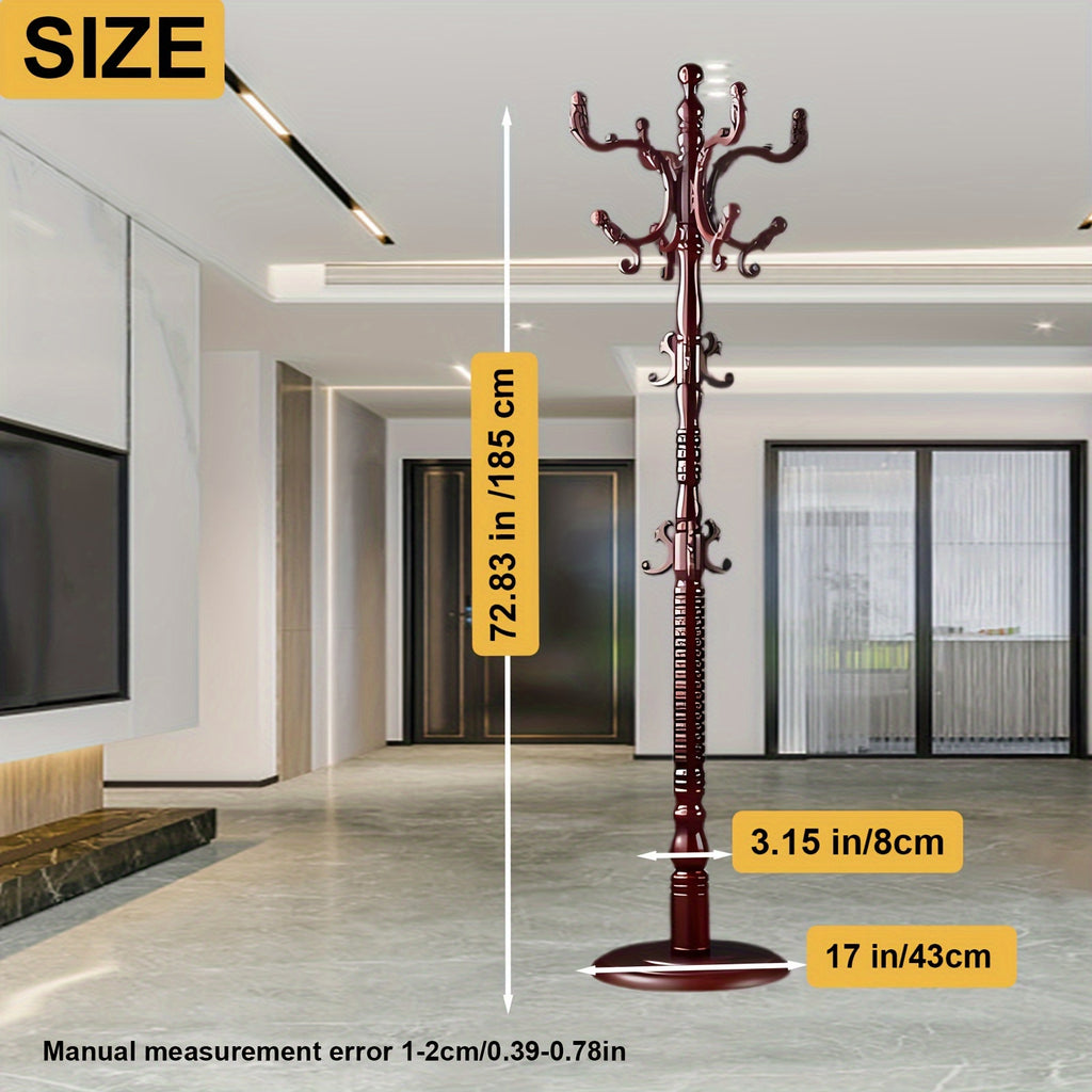 Coat Rack Freestanding, Wooden Coat Rack 14 Hooks, Solid Tree Coat Hanger Stable Disc Base, Adjustable Floor Hanger, for Bedroom Office Hallway Entryway