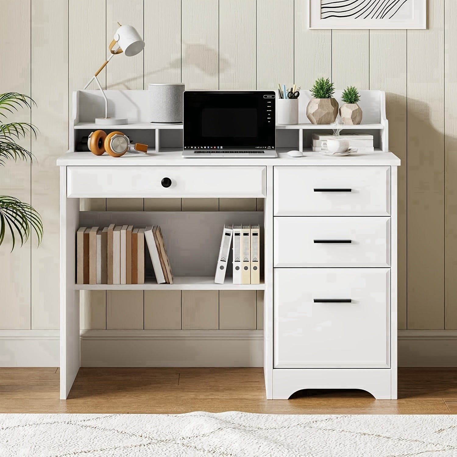 White, Brown, Wood Gray, Cream Computer Desk With 4 Drawers And Hutch, Home Office Writing Desk With File Drawer And Shelves For Small Spaces, Small Desk Study Table For Bedroom, White, Brown, Wood Gray, Cream