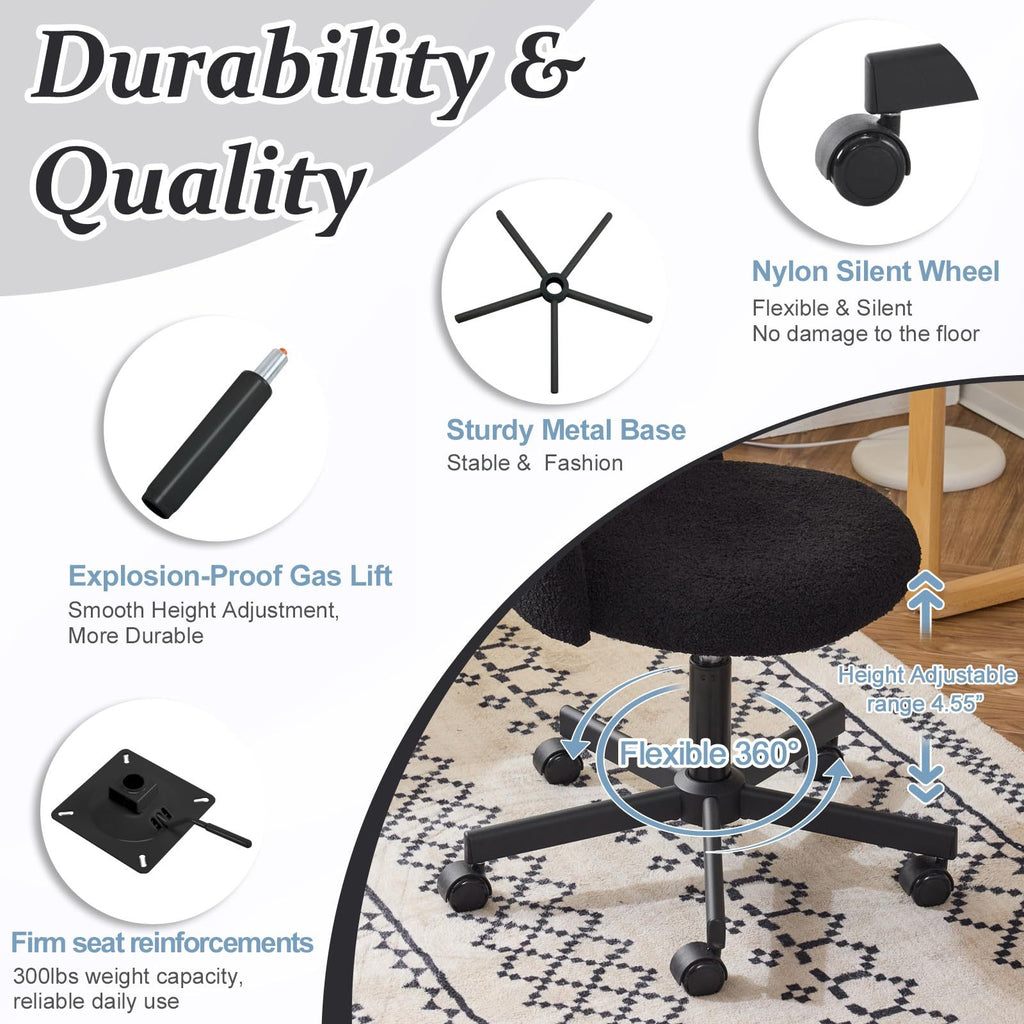 VINGLI Modern Teddy Fluffy Small Office Chair,Cute Desk Chair with Wheels,Gold Base\u002FStuds, Comfy Armless Swivel Vanity Task Chair, Nail Tech Chair for Bedroom,Small Space