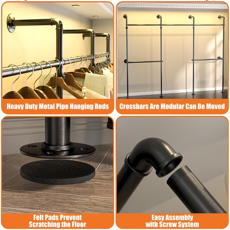 Space-Saving Industrial Pipe Clothing Rack Wall Mounted - Heavy Duty, Adjustable Garment Display For Bedroom, Cloakroom & Retail Stores, Christmas Decor, Walk In Hanger, Home Clothing Storage Supplies