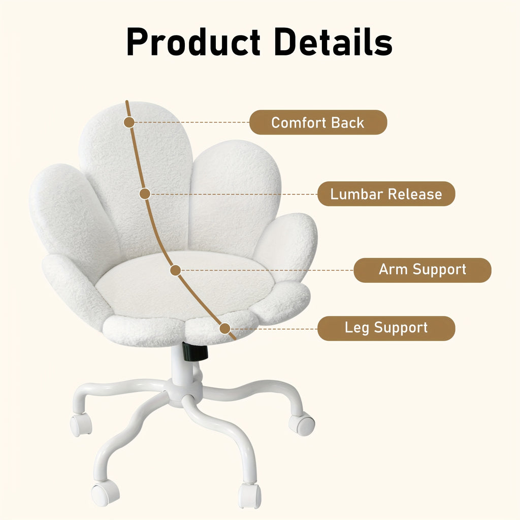 1pc Modern Adjustable Height Swivel Task Chair, Upholstered Petal Design Desk Chair with Mid-Back, Manual Rocking Operation, Painted Finish, Carpet Surface Compatible, Includes Casters - Home Office Computer Chair