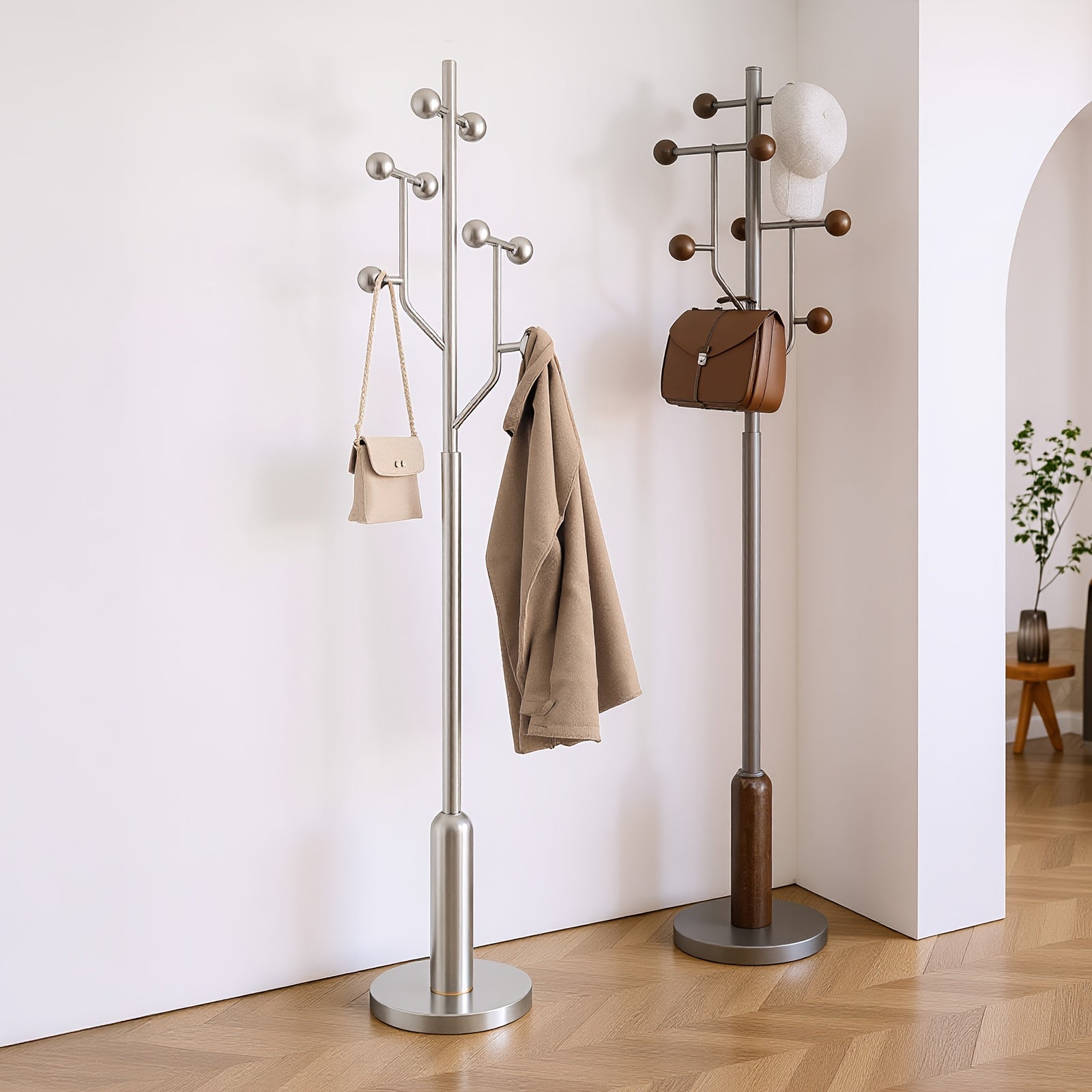 Heavy-Duty Freestanding Coat Rack with Stainless Steel Marble Base - 8 Ball-Shaped Hooks, Hardwood & Metal Construction, 27\