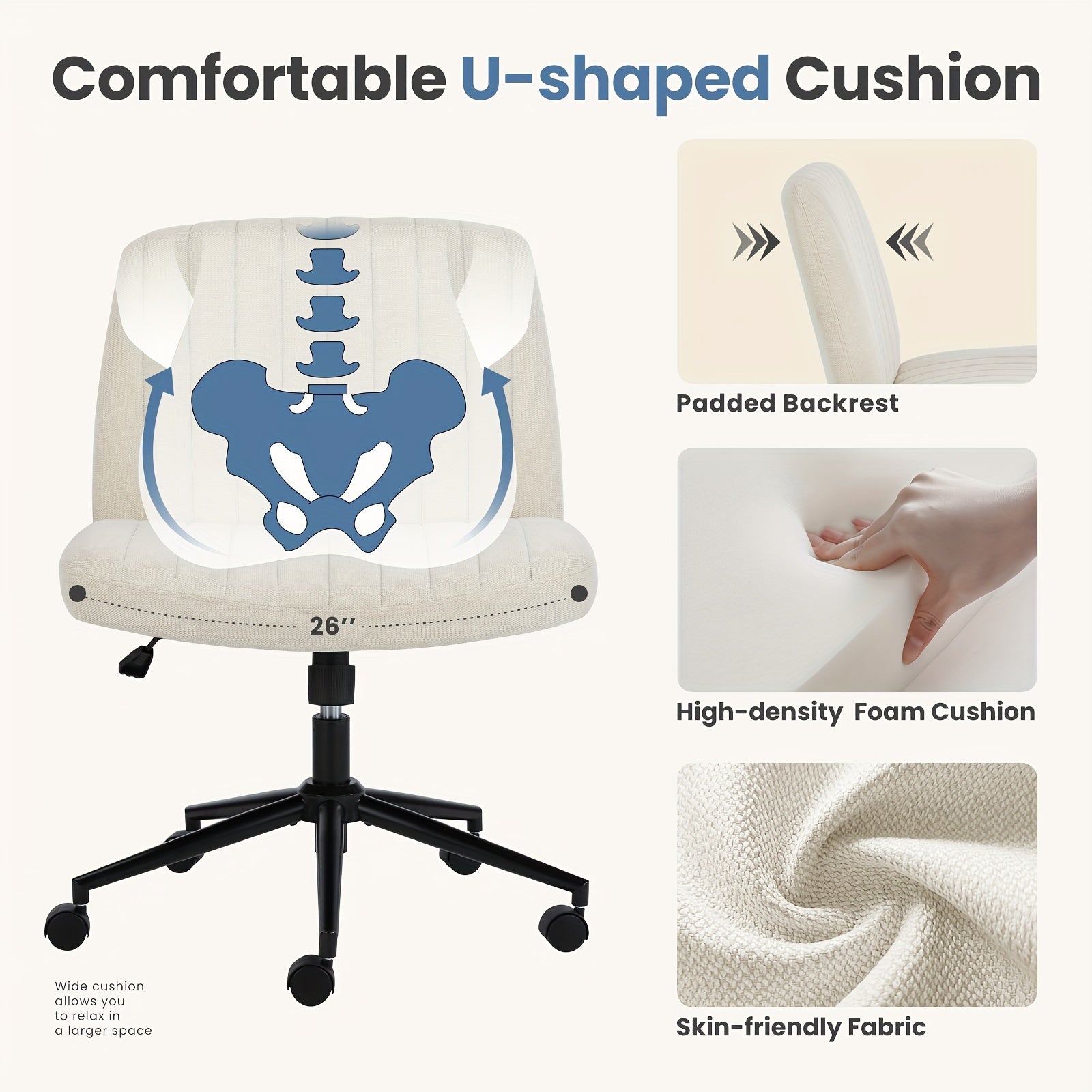 SMUG Criss Cross Chair With Wheels, Cross Legged Office Chair Wide Armless Desk Chair, Adjustable Swivel Comfy Home Office Vanity Desk Chair, Stocking Stuffers