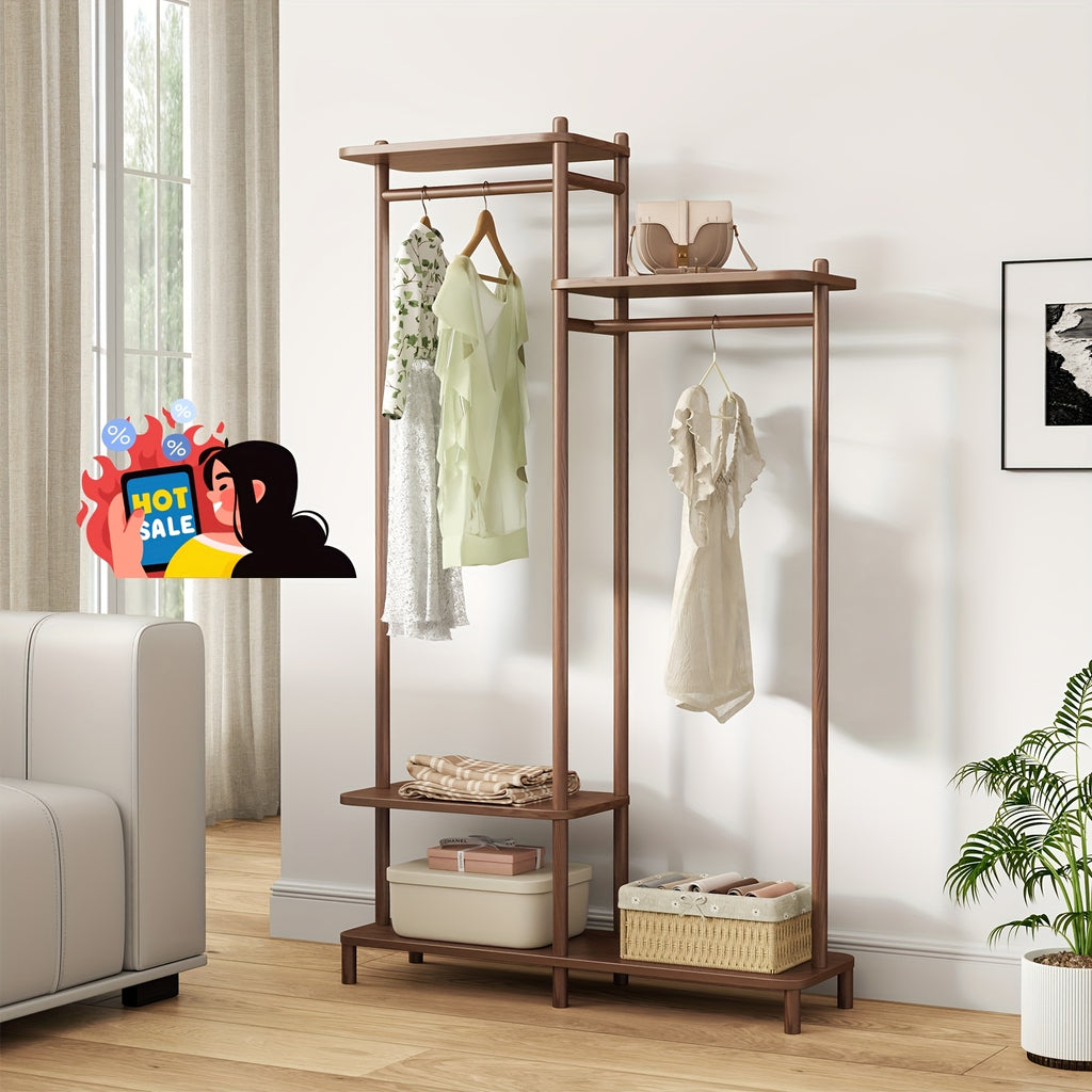 Kaslandi Solid Wood Coat Rack Furniture | Multi-Tier Hanging Rack, Clothes Hanging Rack, Clothes Drying Rack | Upper And Lower Storage + Alphabet Shelf Design | Versatile for Foyer And Bedroom! Free Shipping