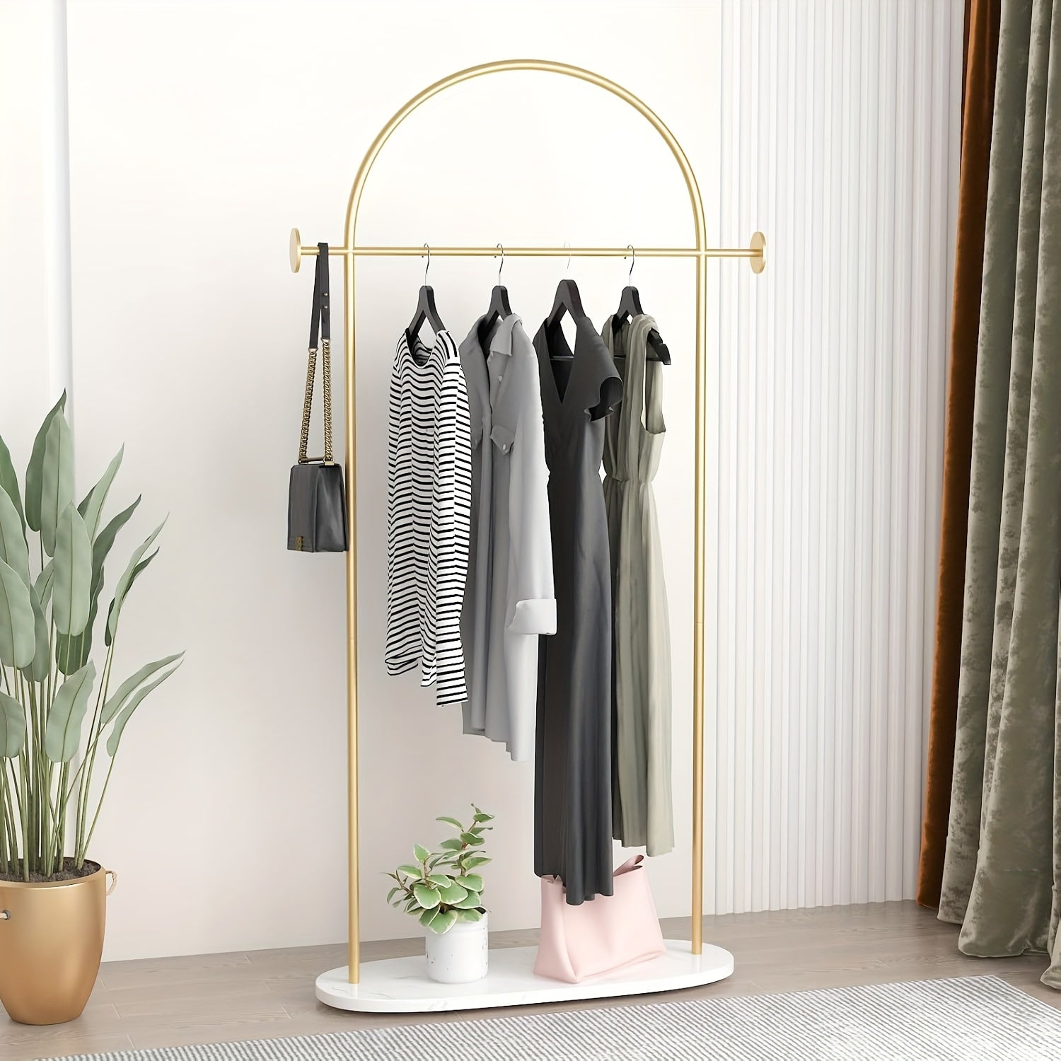 Heavy Duty Golden Clothing Rack with Adjustable Shelf & Hooks - Freestanding Metal Coat Hanger Stand for Home, Office, Boutique - Space-Saving Modern Design with Storage, 31.5\