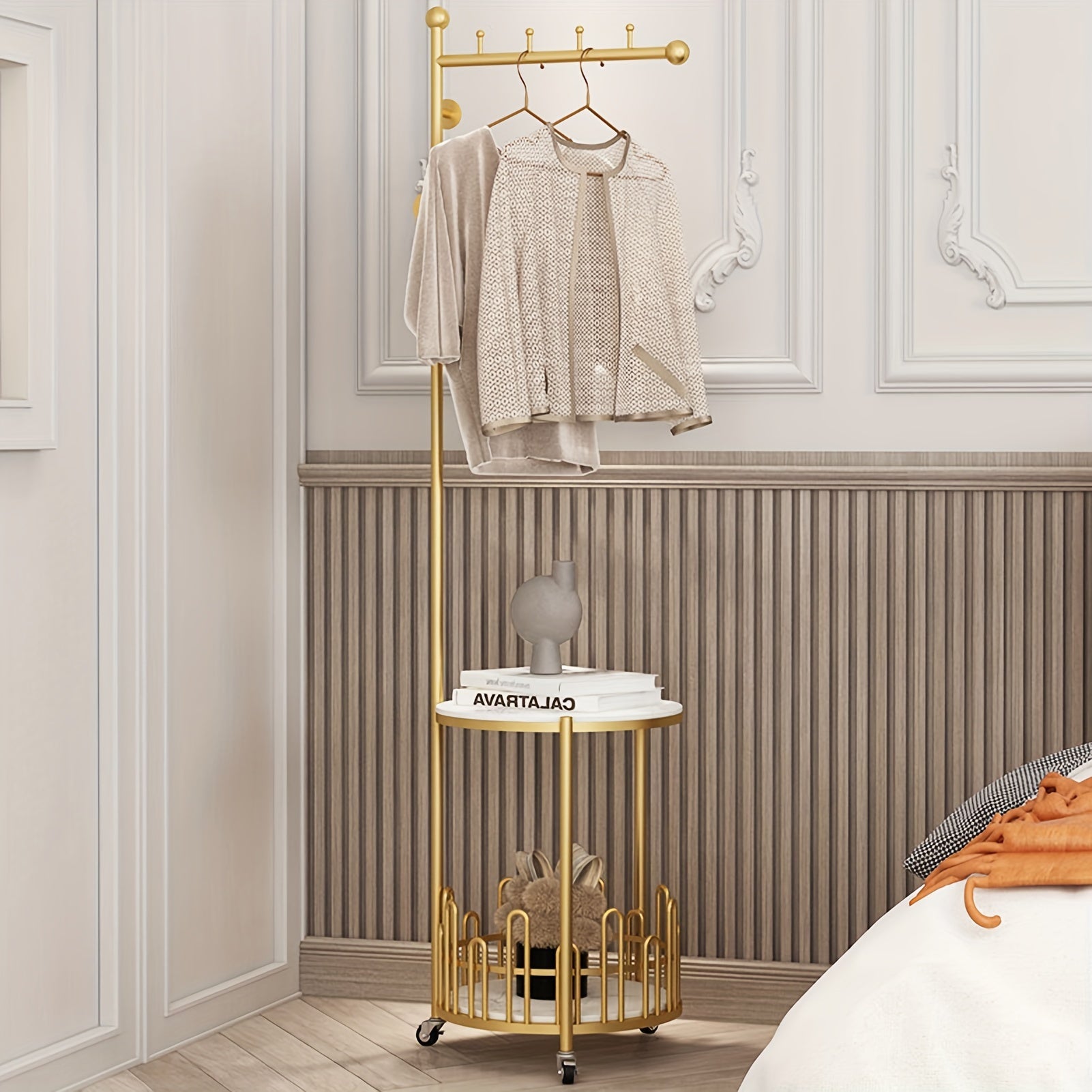 Sturdy Freestanding Iron Garment Rack with Storage Shelf and Hooks, Golden Single Rod Clothing Rack with Wheels and Table - 15.7in x 15.7in x 66.9in