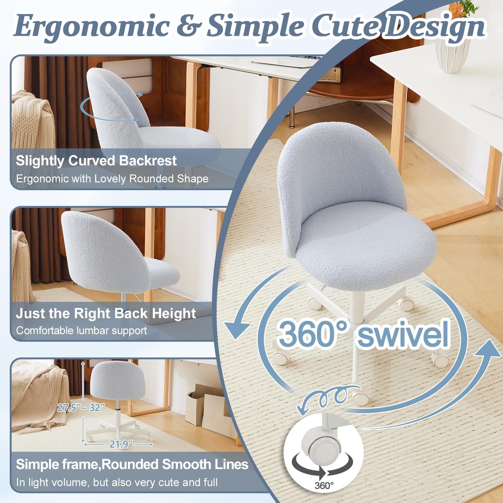 VINGLI Modern Teddy Fluffy Small Office Chair,Cute Desk Chair with Wheels,Gold Base\u002FStuds, Comfy Armless Swivel Vanity Task Chair, Nail Tech Chair for Bedroom,Small Space