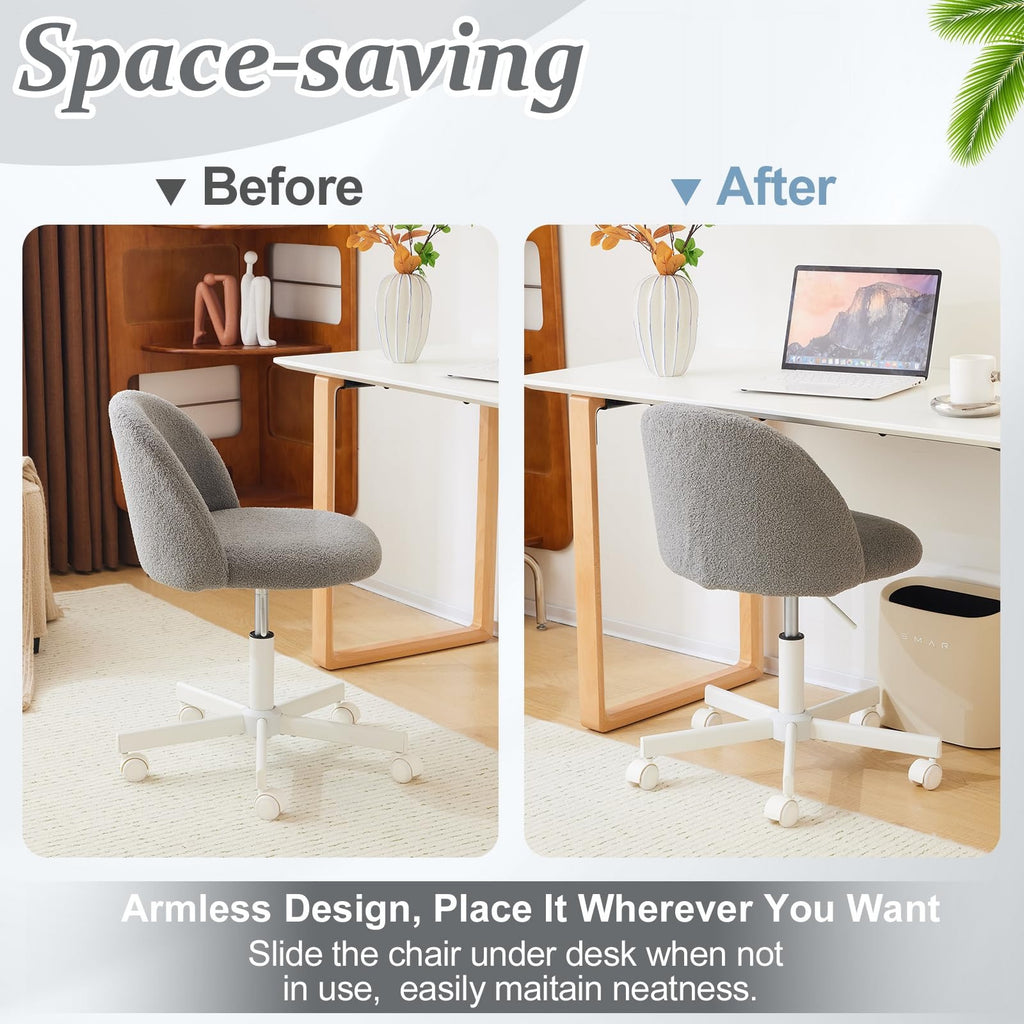 VINGLI Modern Teddy Fluffy Small Office Chair,Cute Desk Chair with Wheels,Gold Base\u002FStuds, Comfy Armless Swivel Vanity Task Chair, Nail Tech Chair for Bedroom,Small Space