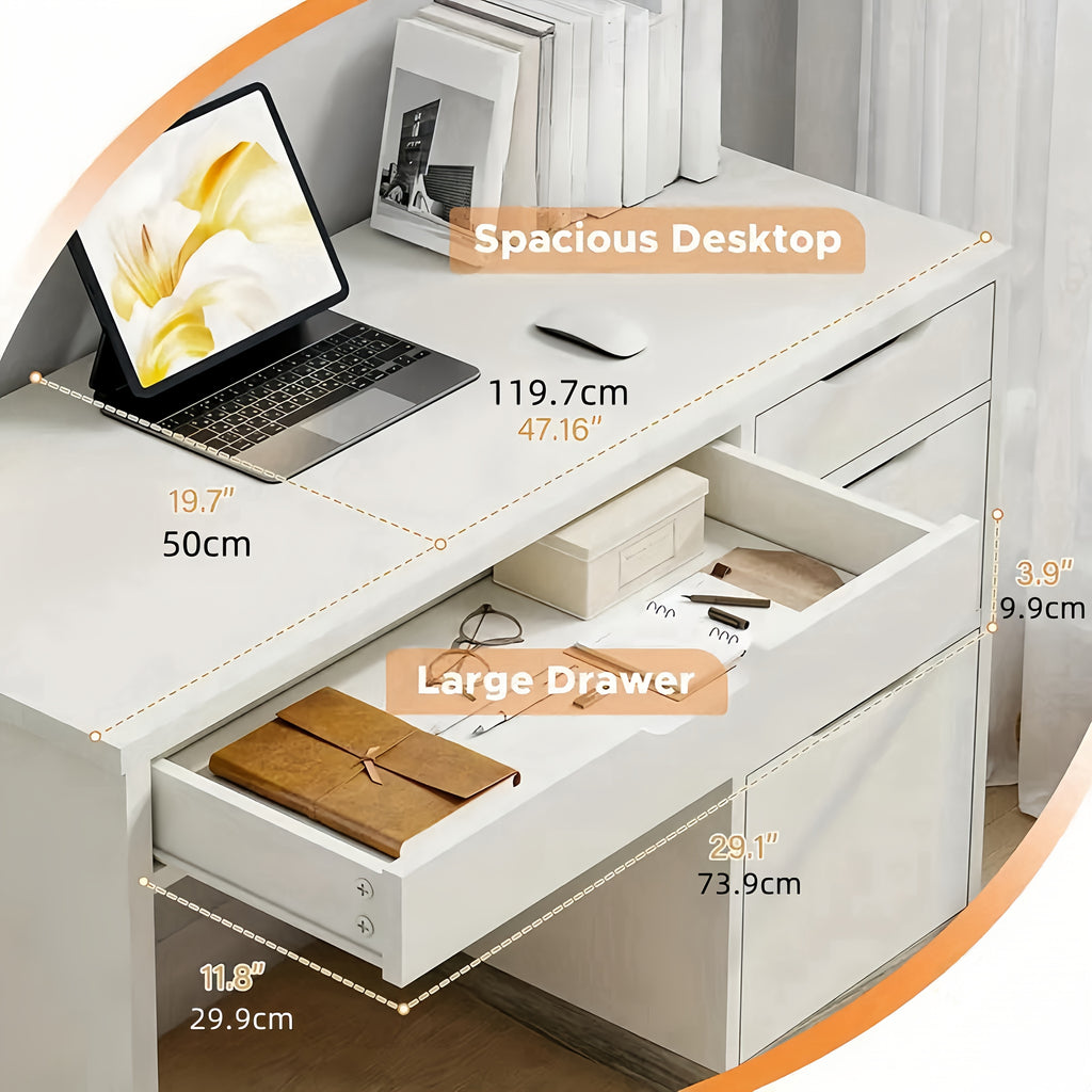 Desk With 4 Drawers, Small Desk With Storage, Desks With Drawers, Study Desk For Bedroom, White Computer Desk With Filing Cabinet, Small Space, White