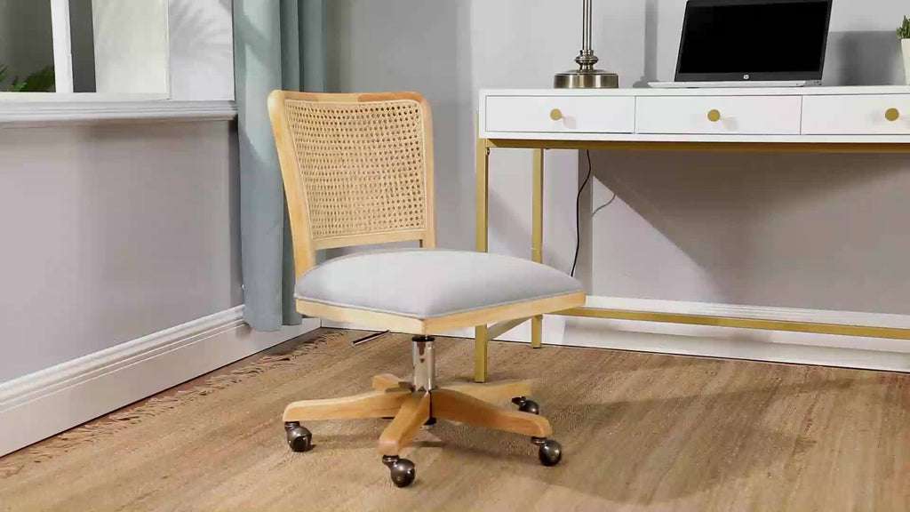 Modern Home Office Chair Comfortable Upholstered Armless Desk Chair, Adjustable Swivel Rolling Computer Chair with Rattan Mid-Back Support, Linen