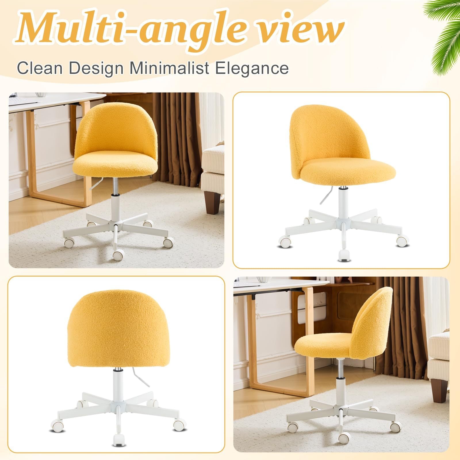 VINGLI Modern Teddy Fluffy Small Office Chair,Cute Desk Chair with Wheels,Gold Base\u002FStuds, Comfy Armless Swivel Vanity Task Chair, Nail Tech Chair for Bedroom,Small Space