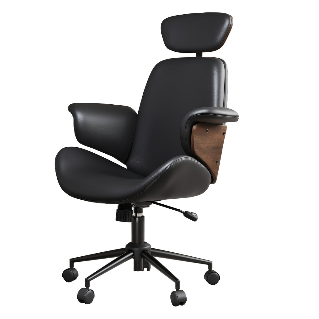 Ergonomic Home Office Chair With Wheels – PU Leather Swivel Desk Chair With Bentwood Arms, Lumbar Support & Headrest