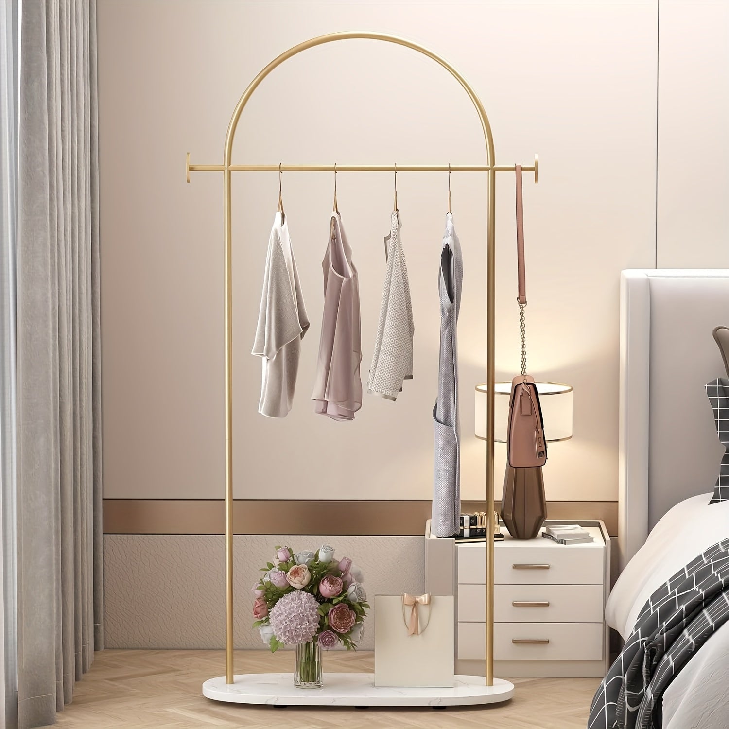 Heavy Duty Golden Clothing Rack with Adjustable Shelf & Hooks - Freestanding Metal Coat Hanger Stand for Home, Office, Boutique - Space-Saving Modern Design with Storage, 31.5\