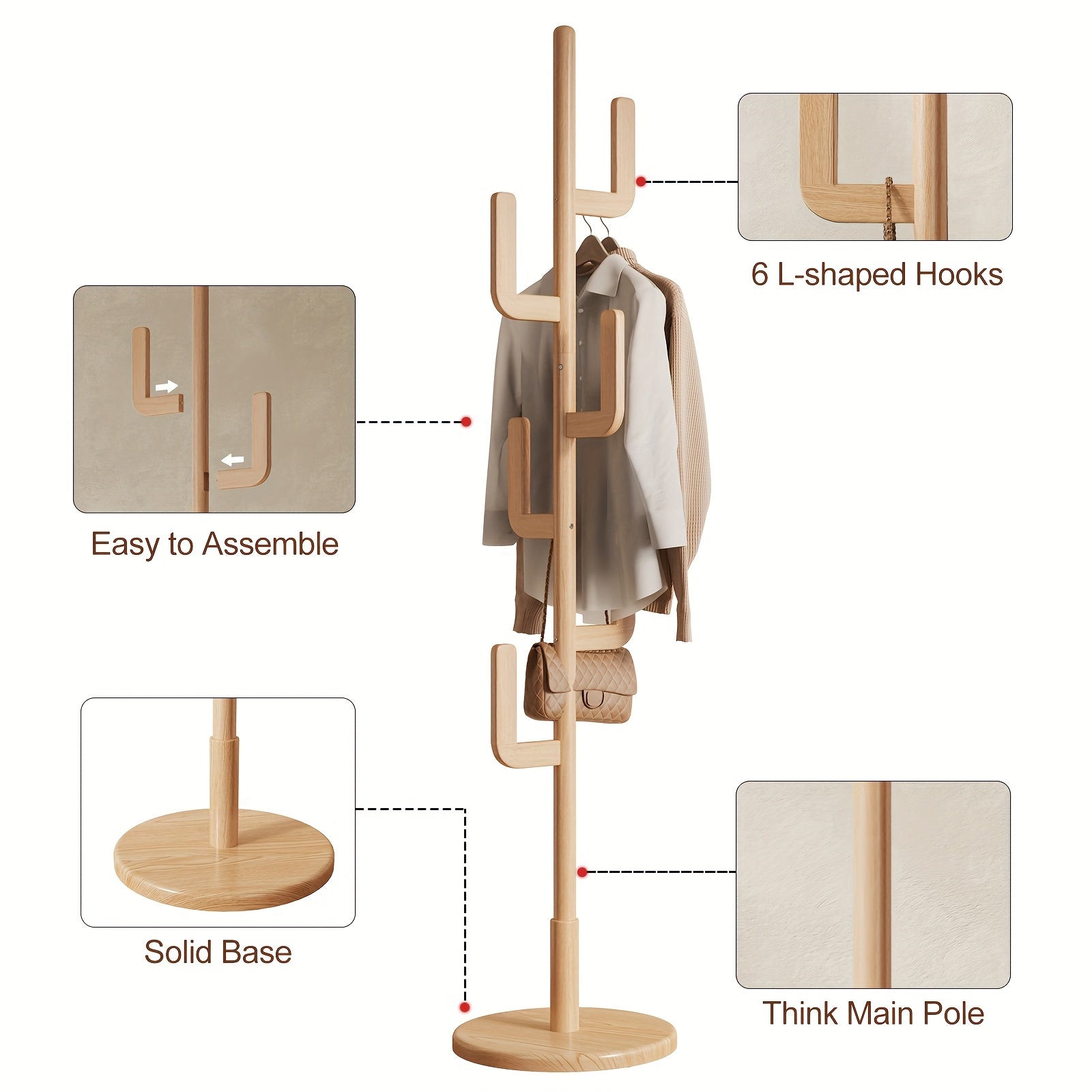 Kaslandi Space Entryway Furniture Coat Rack, Solid Wood Floor Standing Clothes Rack, Bedroom Home Garment Rack with Six Hooks, Multi-Style & Multi-Functional Hanging Coat Rack.