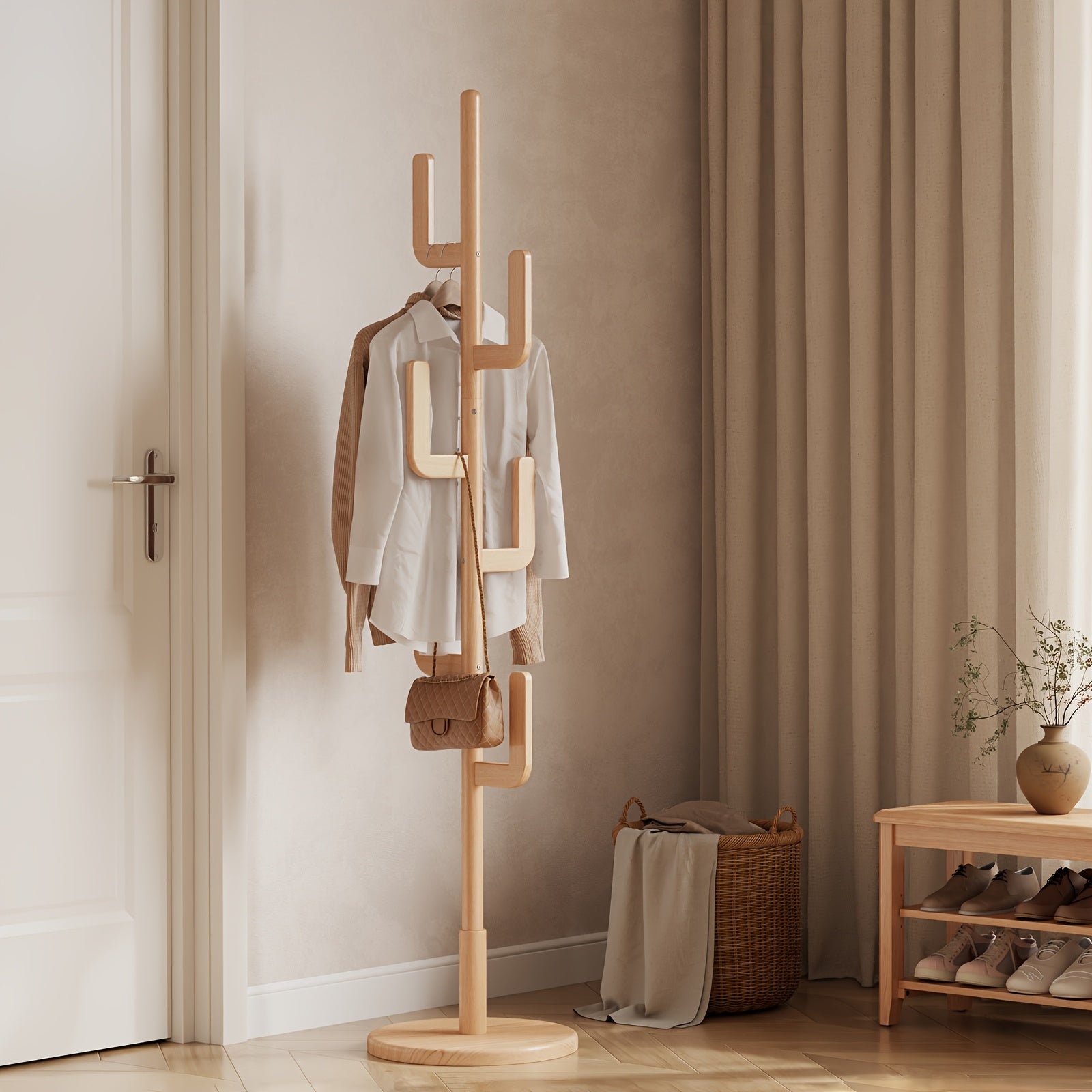 KASLANDI Office FurnitureFree Shipping Solid Wood Cactus Coat Rack in Classic Natural Wood with Grid Storage Rack, Adjustable Height, Sturdy and Easy to Assemble, Furniture for Home, Valentine'S Day Gift