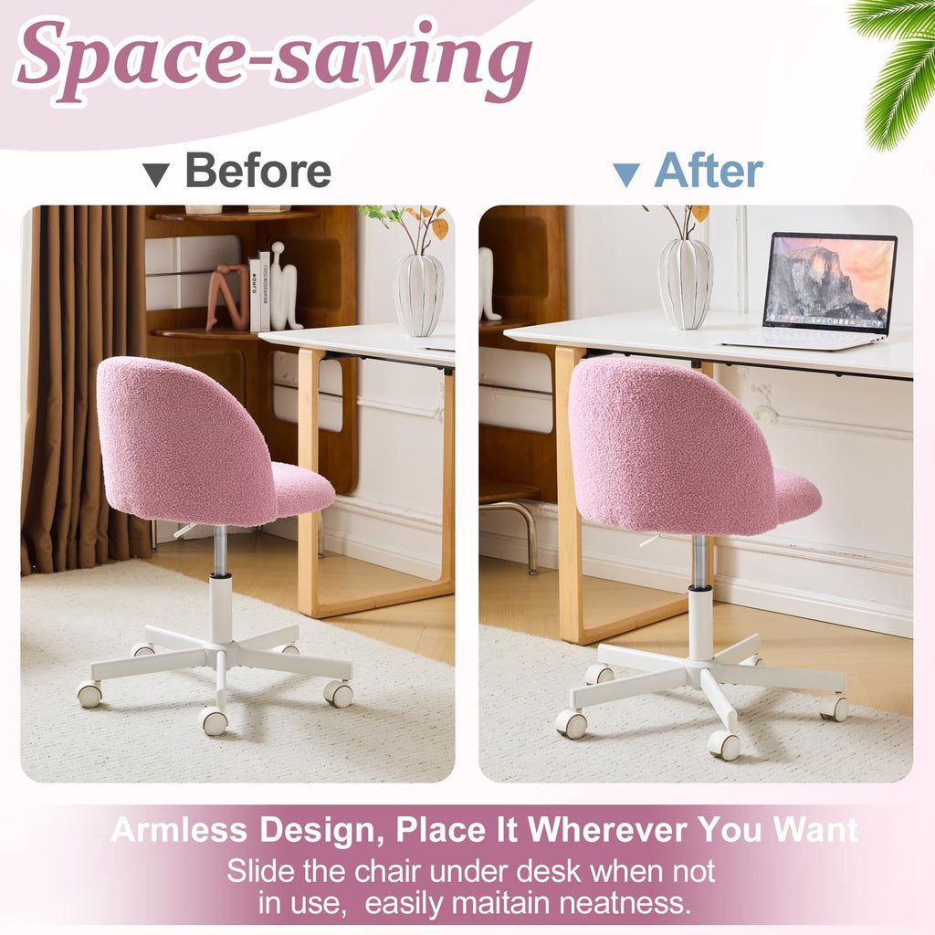 VINGLI Modern Teddy Fluffy Small Office Chair,Cute Desk Chair with Wheels,Gold Base\u002FStuds, Comfy Armless Swivel Vanity Task Chair, Nail Tech Chair for Bedroom,Small Space