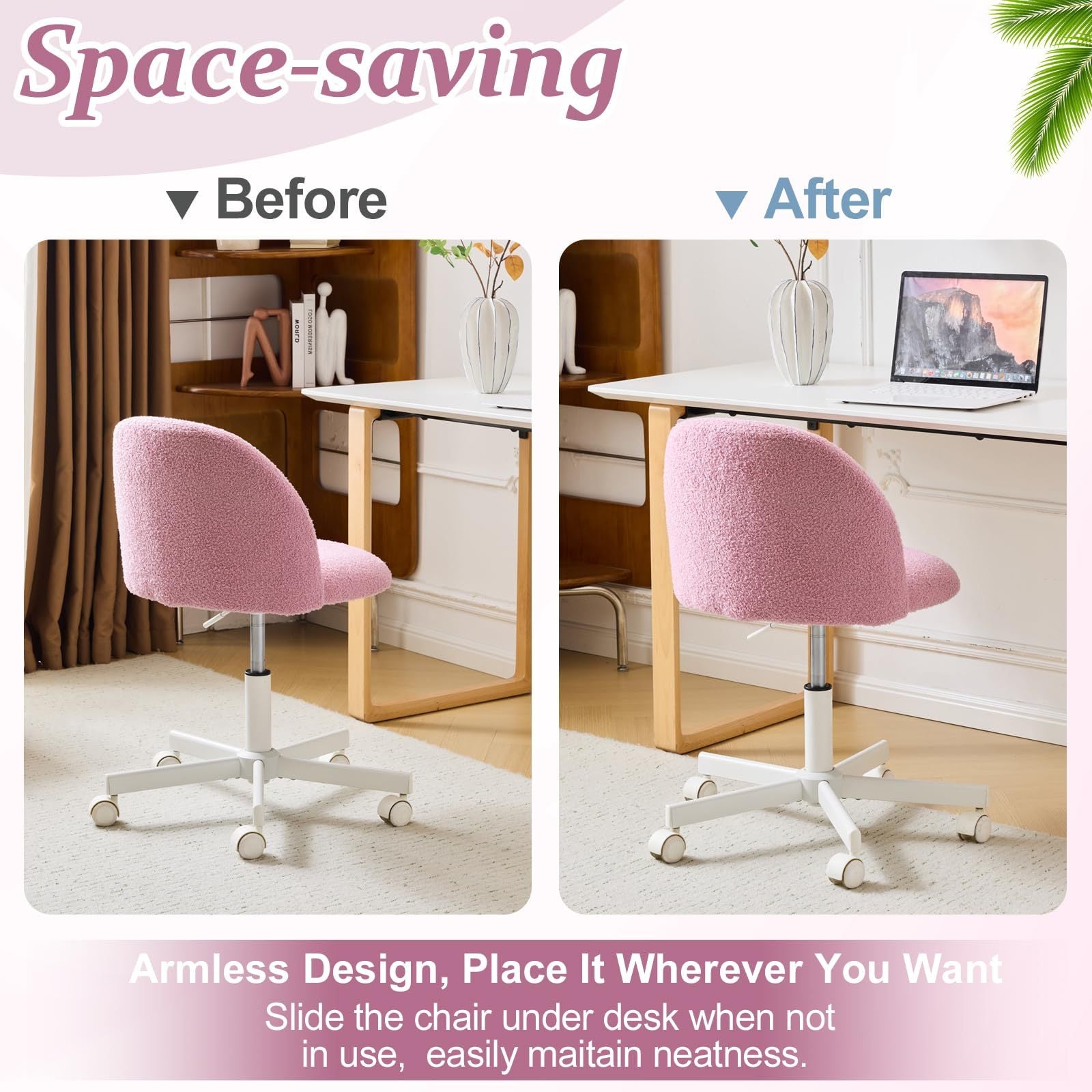 VINGLI Modern Teddy Fluffy Small Office Chair,Cute Desk Chair with Wheels,Gold Base\u002FStuds, Comfy Armless Swivel Vanity Task Chair, Nail Tech Chair for Bedroom,Small Space