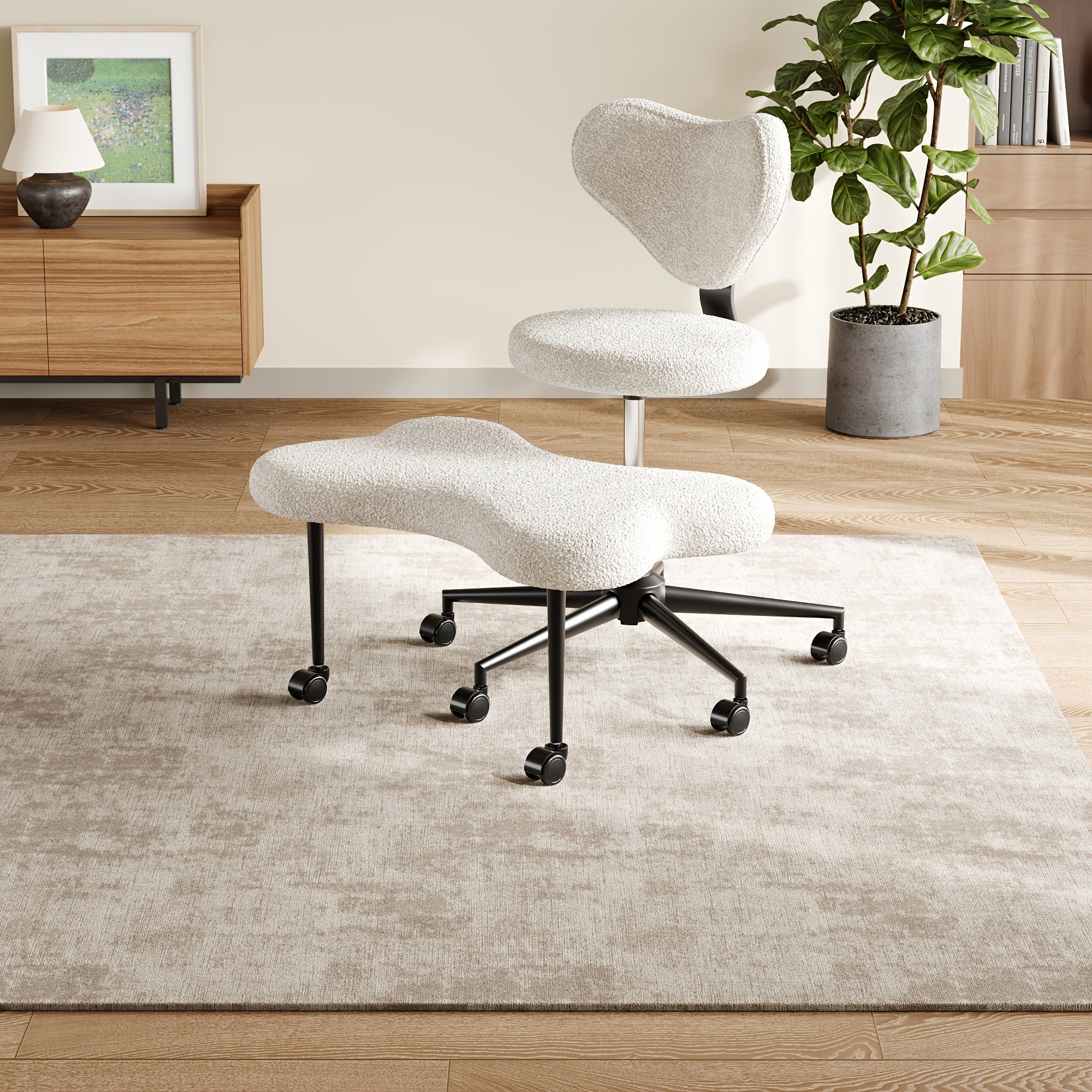 Ergonomic Office Chair Ergonomic Office Chair with Wheels, Cross Legged Chair, Height Adjustable Seat and Footstool, Ergonomic Back Support, Teddy Velvet White And Faux PU Black, Office Furniture Gift Choice