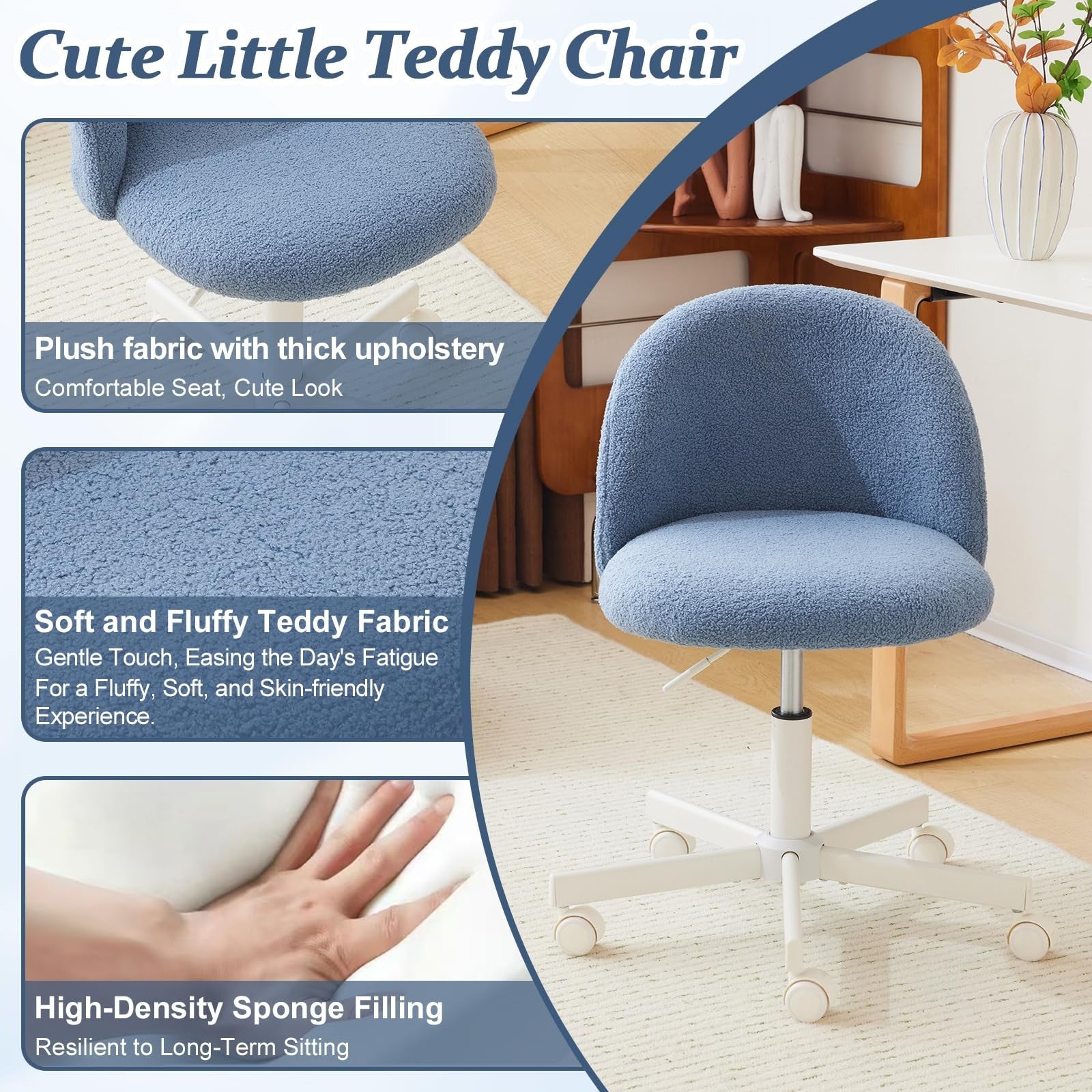 VINGLI Modern Teddy Fluffy Small Office Chair,Cute Desk Chair with Wheels,Gold Base\u002FStuds, Comfy Armless Swivel Vanity Task Chair, Nail Tech Chair for Bedroom,Small Space