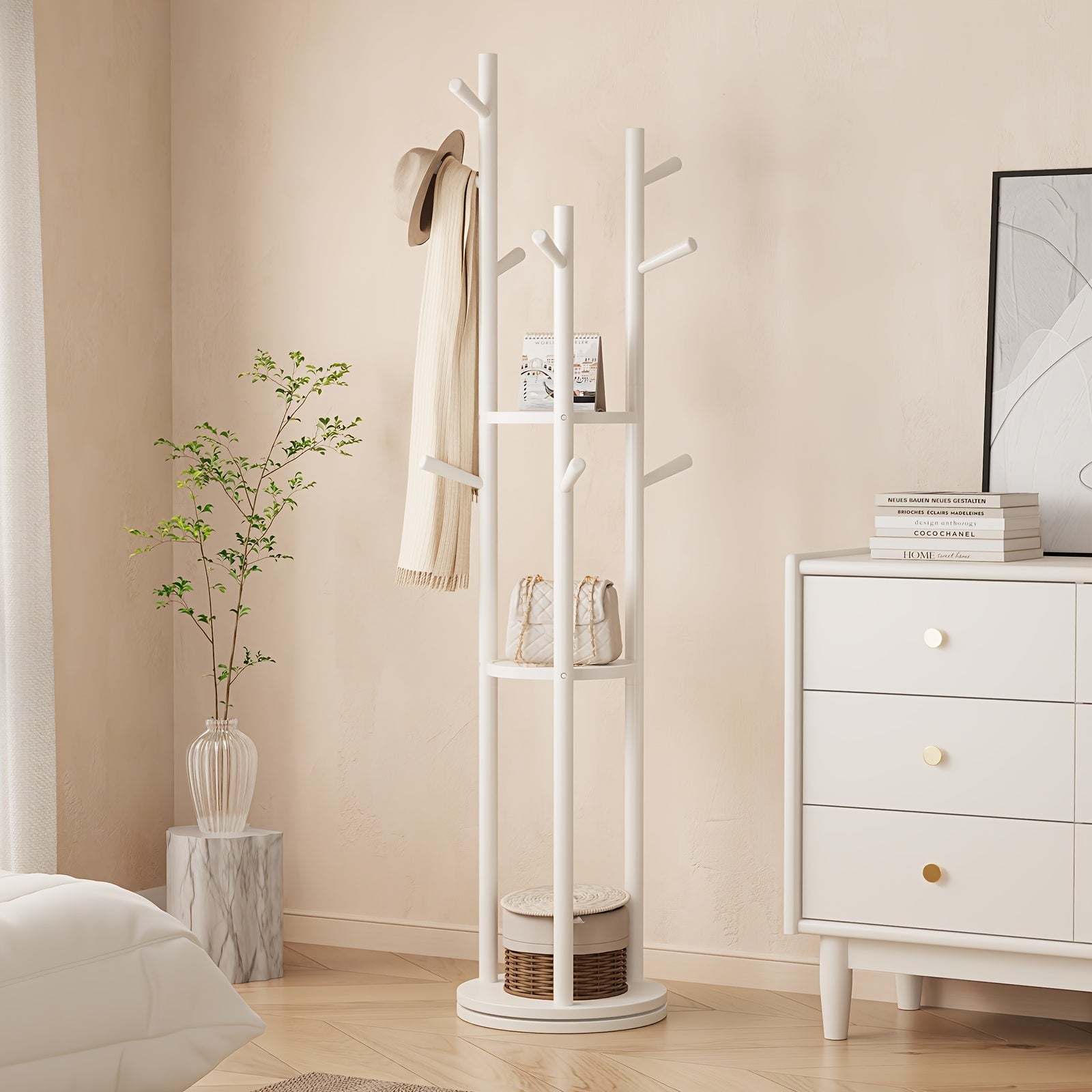 KASLANDI Furniture for Home, Solid Wood Rotary Coat Rack - Self-standing Hanger, Tree Floor Hanger, Foyer Furniture, Suitable for Entrance, Bedroom And Living Room, Hanging Coats And Bags,, Free Shipping