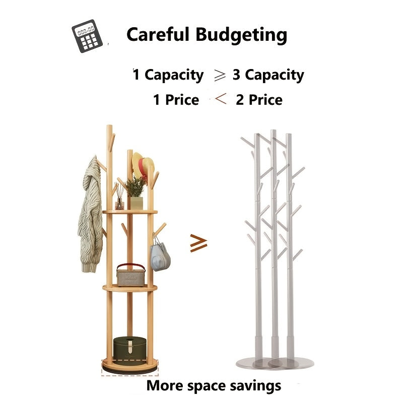 Rotary Solid Wood Coat Rack with 3 Shelves and 9 Hooks, Freestanding Sturdy Coat Tree for Entryway, Bedroom - Multi-Purpose Storage Organizer for Coats, Bags, Coat Rack Stand, 360-degree Rotation, Independent