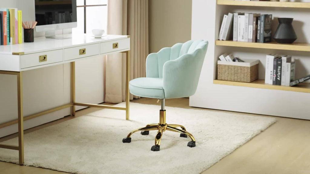 Modern Ivory Velvet Office Chair with Golden Base, Adjustable Swivel Task Chair for Women, Cute Shell Back Upholstered Desk Chair for Home Office, Living Room, or Vanity, 5-Wheel Base for Stability