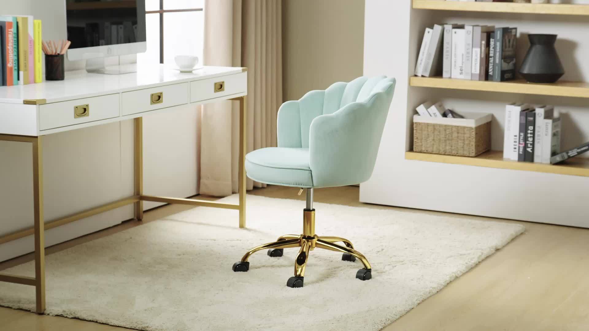 Modern Ivory Velvet Office Chair with Golden Base, Adjustable Swivel Task Chair for Women, Cute Shell Back Upholstered Desk Chair for Home Office, Living Room, or Vanity, 5-Wheel Base for Stability