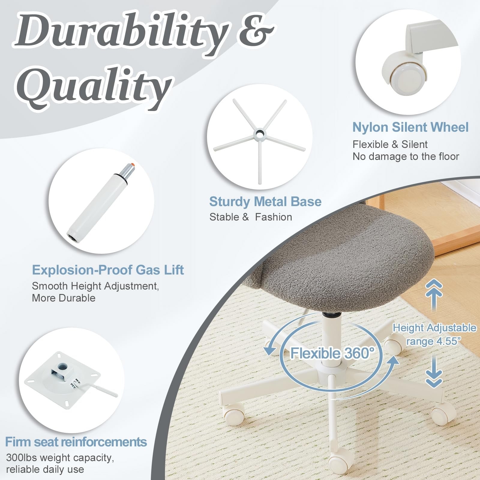 VINGLI Modern Teddy Fluffy Small Office Chair,Cute Desk Chair with Wheels,Gold Base\u002FStuds, Comfy Armless Swivel Vanity Task Chair, Nail Tech Chair for Bedroom,Small Space