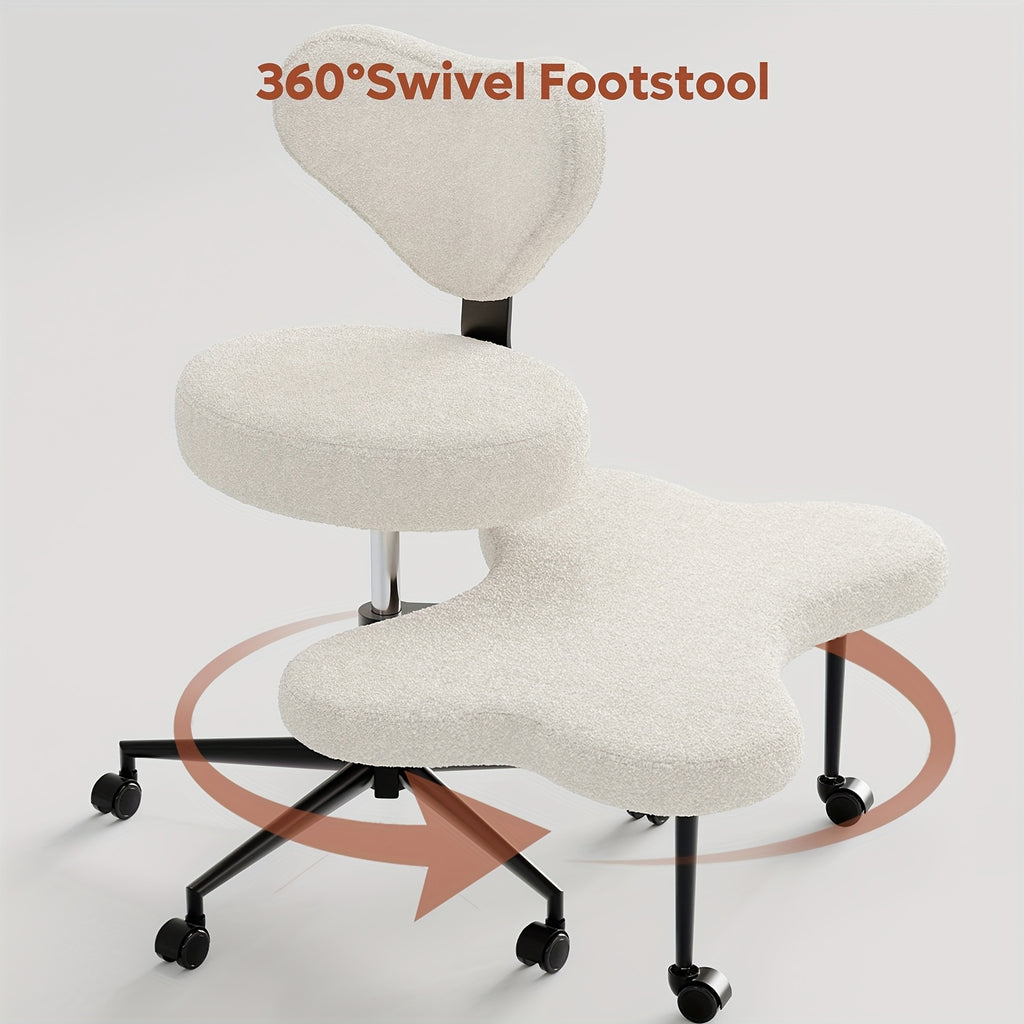 Ergonomic Office Chair Ergonomic Office Chair with Wheels, Cross Legged Chair, Height Adjustable Seat and Footstool, Ergonomic Back Support, Teddy Velvet White And Faux PU Black, Office Furniture Gift Choice
