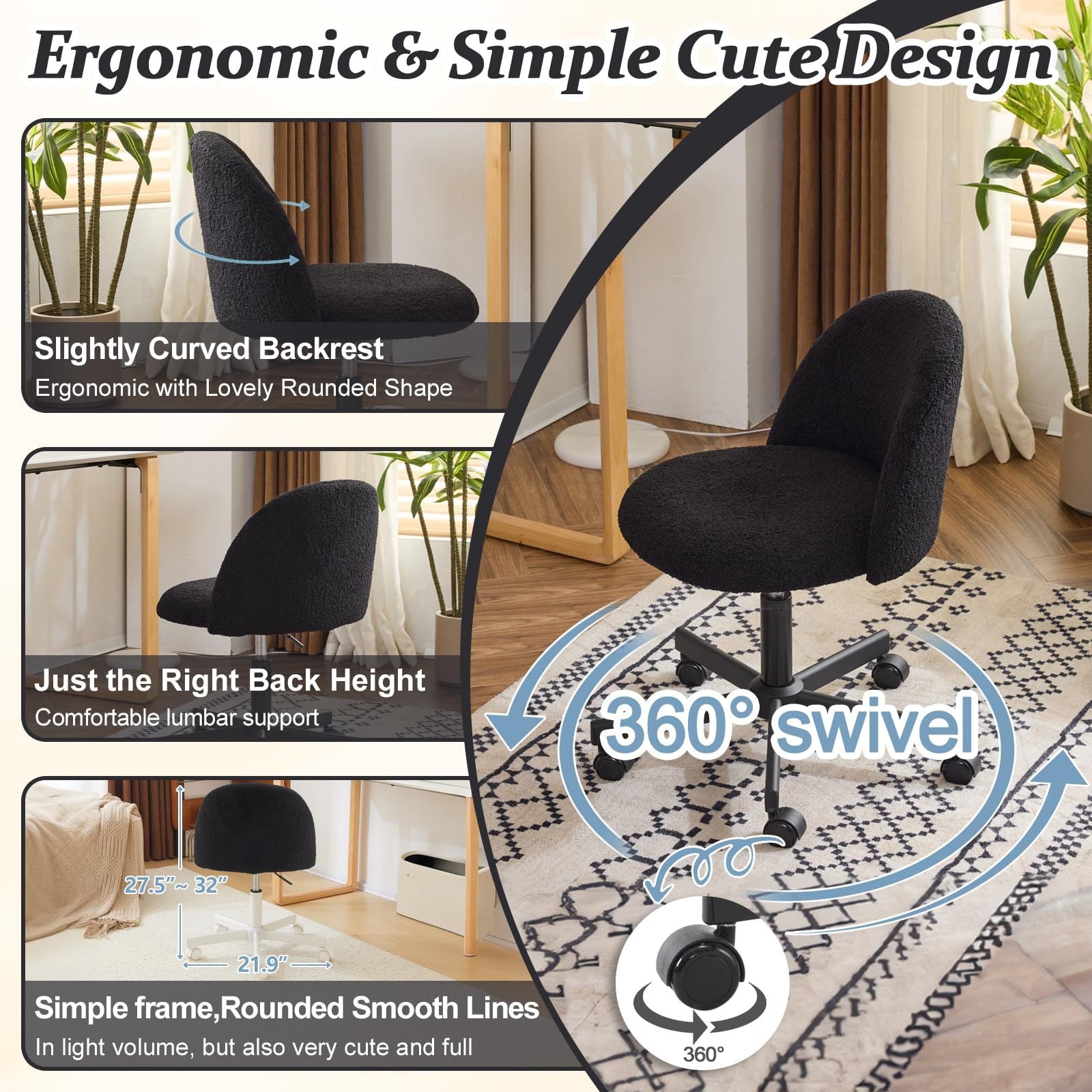 VINGLI Modern Teddy Fluffy Small Office Chair,Cute Desk Chair with Wheels,Gold Base\u002FStuds, Comfy Armless Swivel Vanity Task Chair, Nail Tech Chair for Bedroom,Small Space